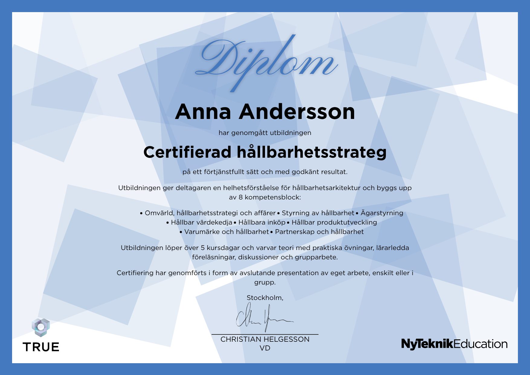 Example certificate for Certified Sustainability Architect from Ny Teknik Education