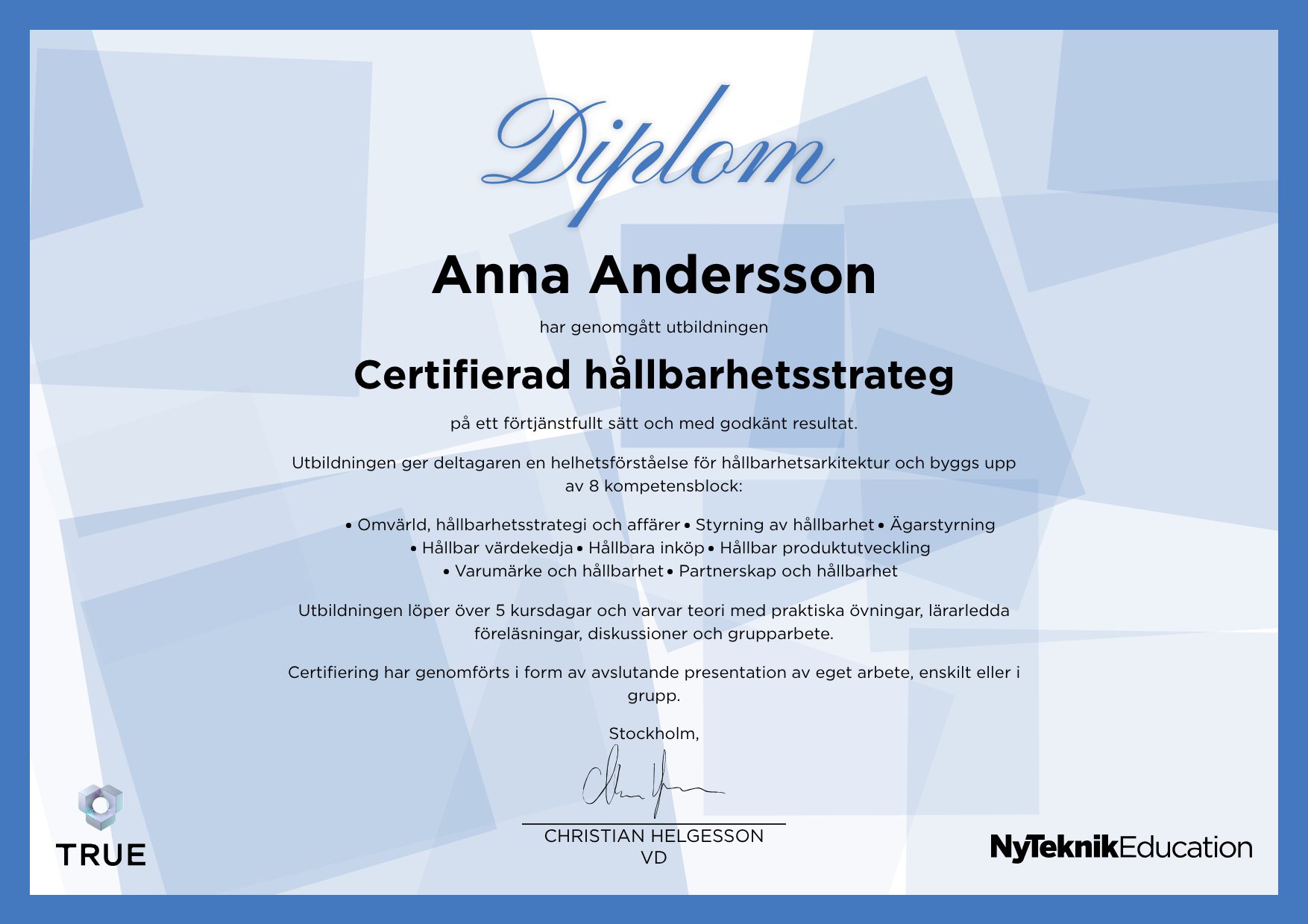 Example certificate for Certifierad hållbarhetsstrateg from Ny Teknik Education