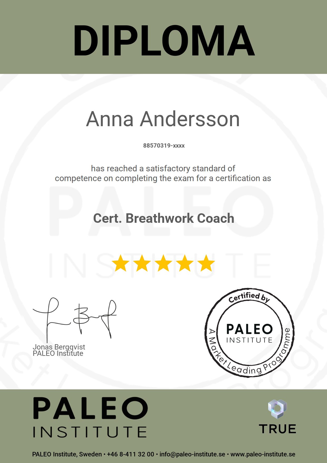 Example certificate for Cert. Breathwork Coach from Life Medicine & Paleogruppen