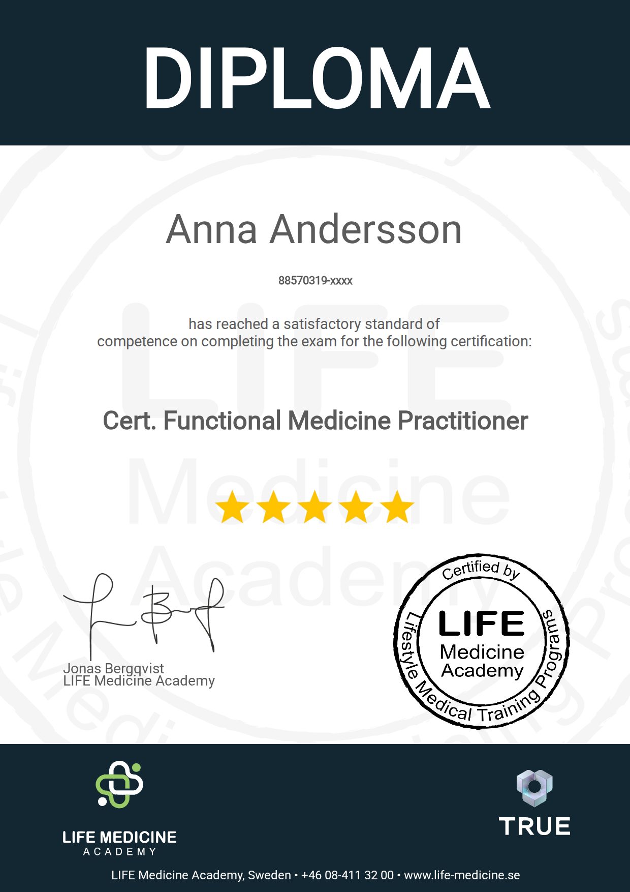 Exempel: diplom för Cert. Functional Medicine Practitioner från Life Medicine & Paleogruppen
