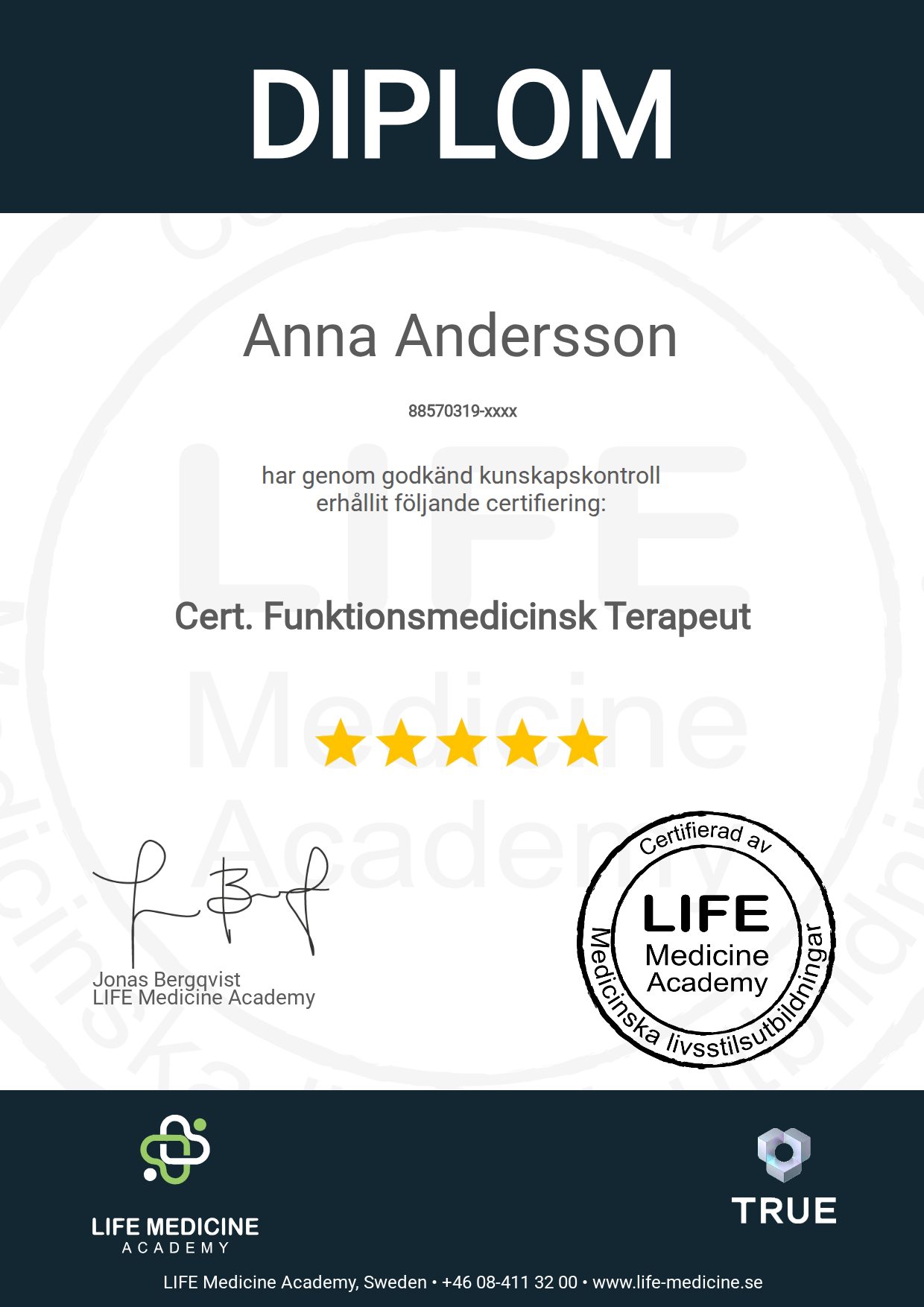 Example certificate for Cert. Funktionsmedicinsk Terapeut from Life Medicine & Paleogruppen