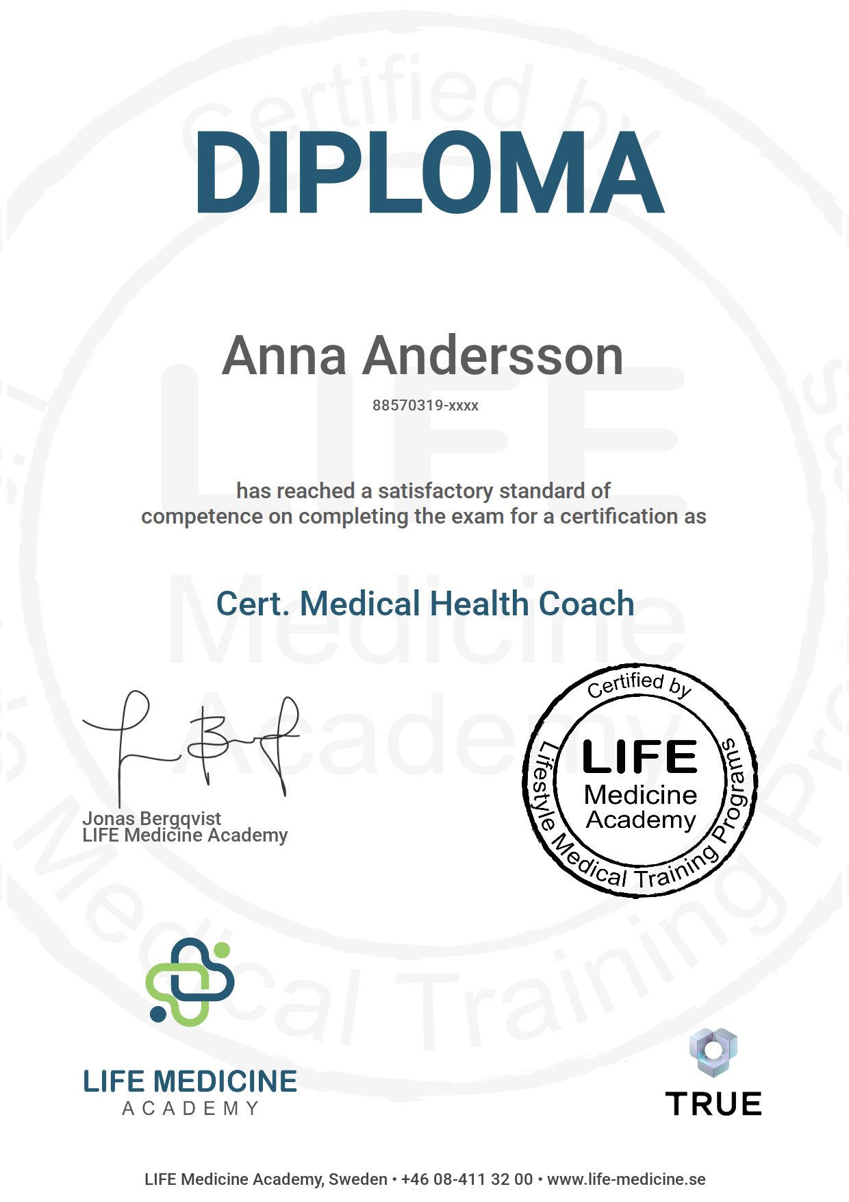 Exempel: diplom för Cert. Medical Health Coach från Life Medicine & Paleogruppen