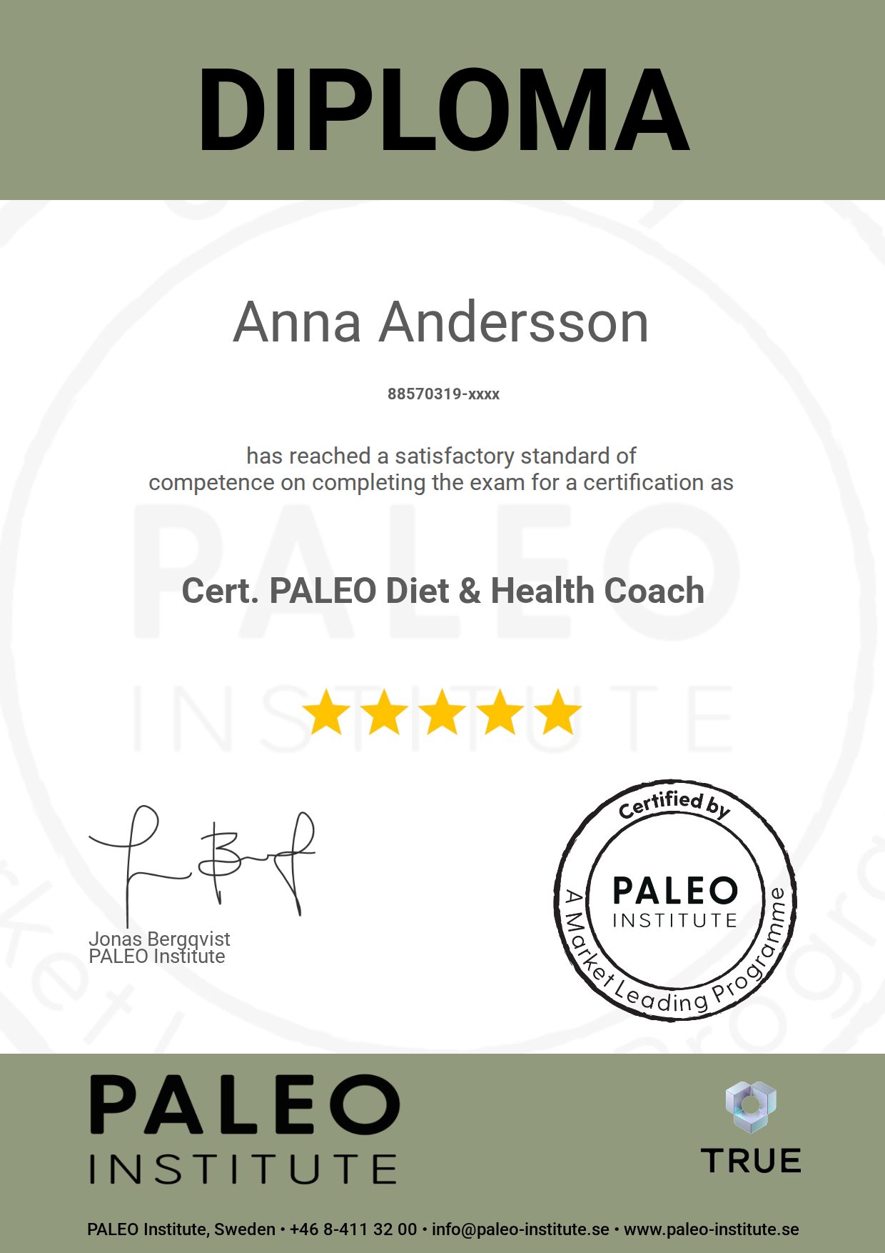 Exempel: diplom för Cert. PALEO Diet & Health Coach från Life Medicine & Paleogruppen
