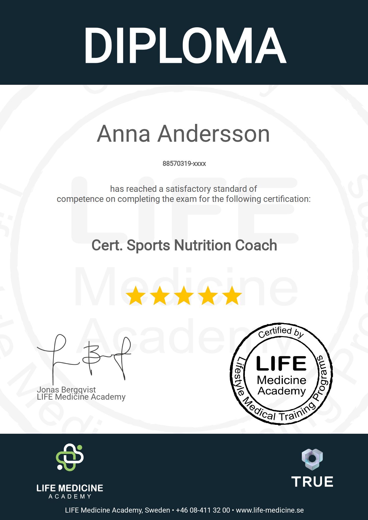 Exempel: diplom för Cert. Sports Nutrition Coach från Life Medicine & Paleogruppen