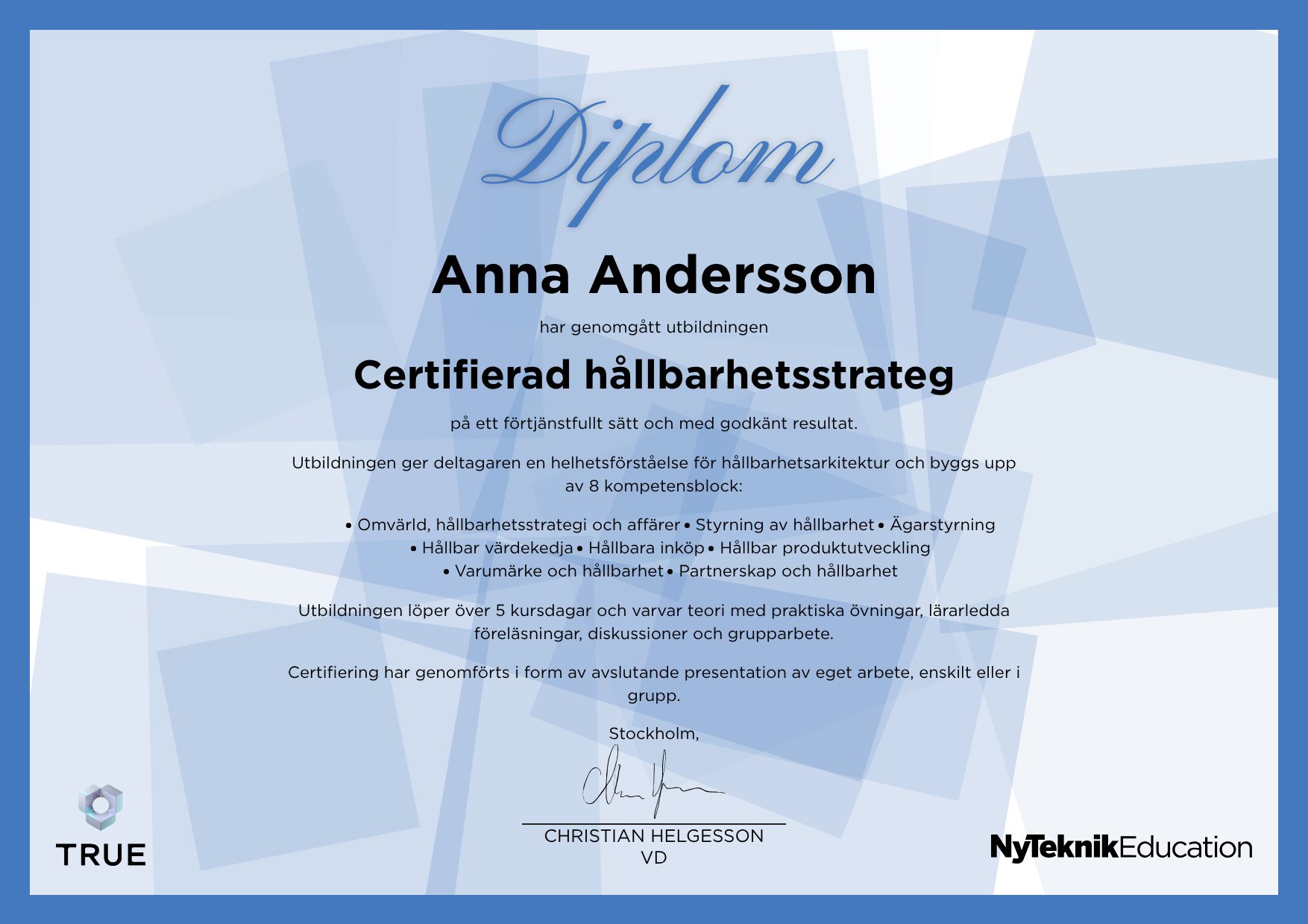 Example certificate for Certifierad anbudsgivare from Ny Teknik Education