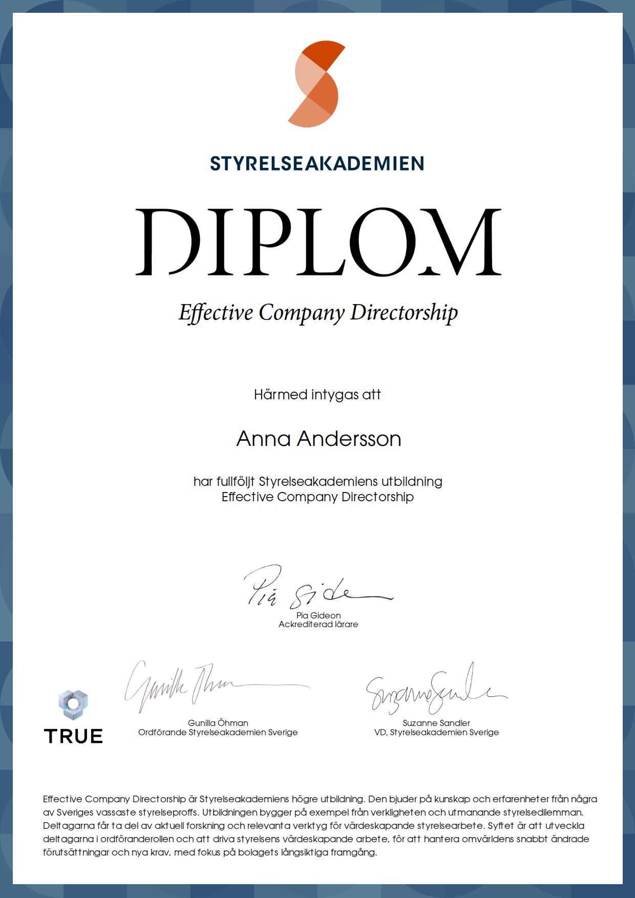 Exempel: diplom för Effective Company Directorship från Styrelseakademien