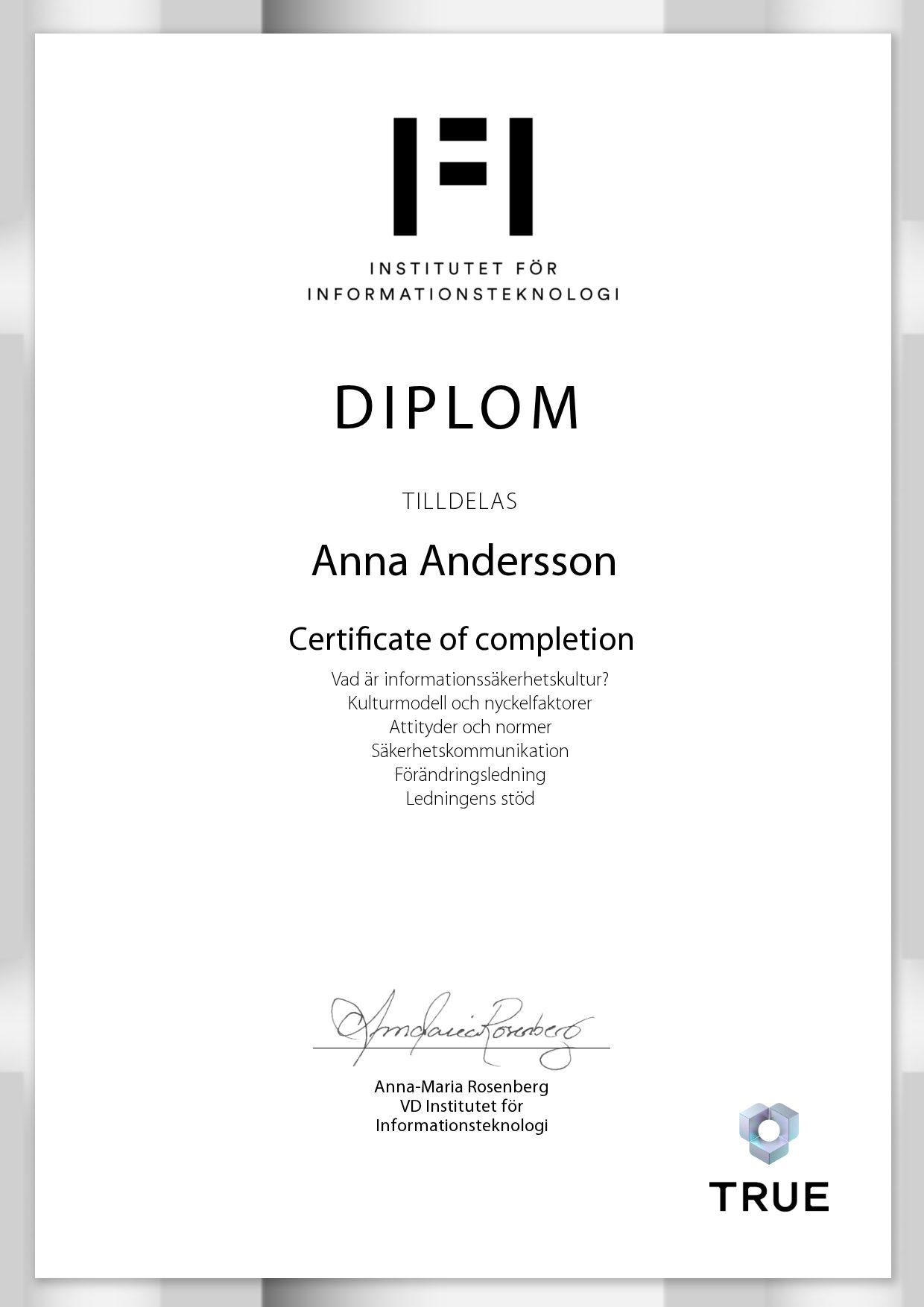 Exempel: diplom för Certificate of completion från IFI AB