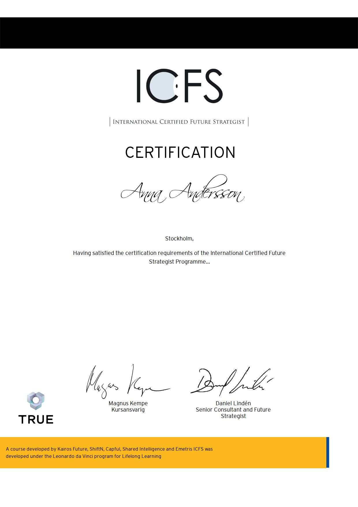 Exempel: diplom för Certification ICFS 2025 från Kairos Future