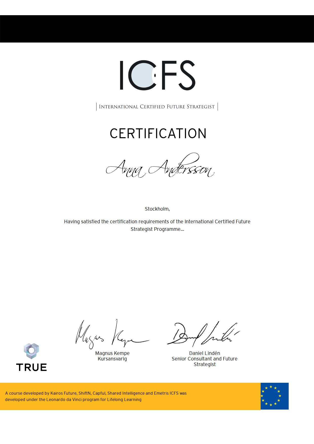Exempel: diplom för Certification ICFS 2026 från Kairos Future