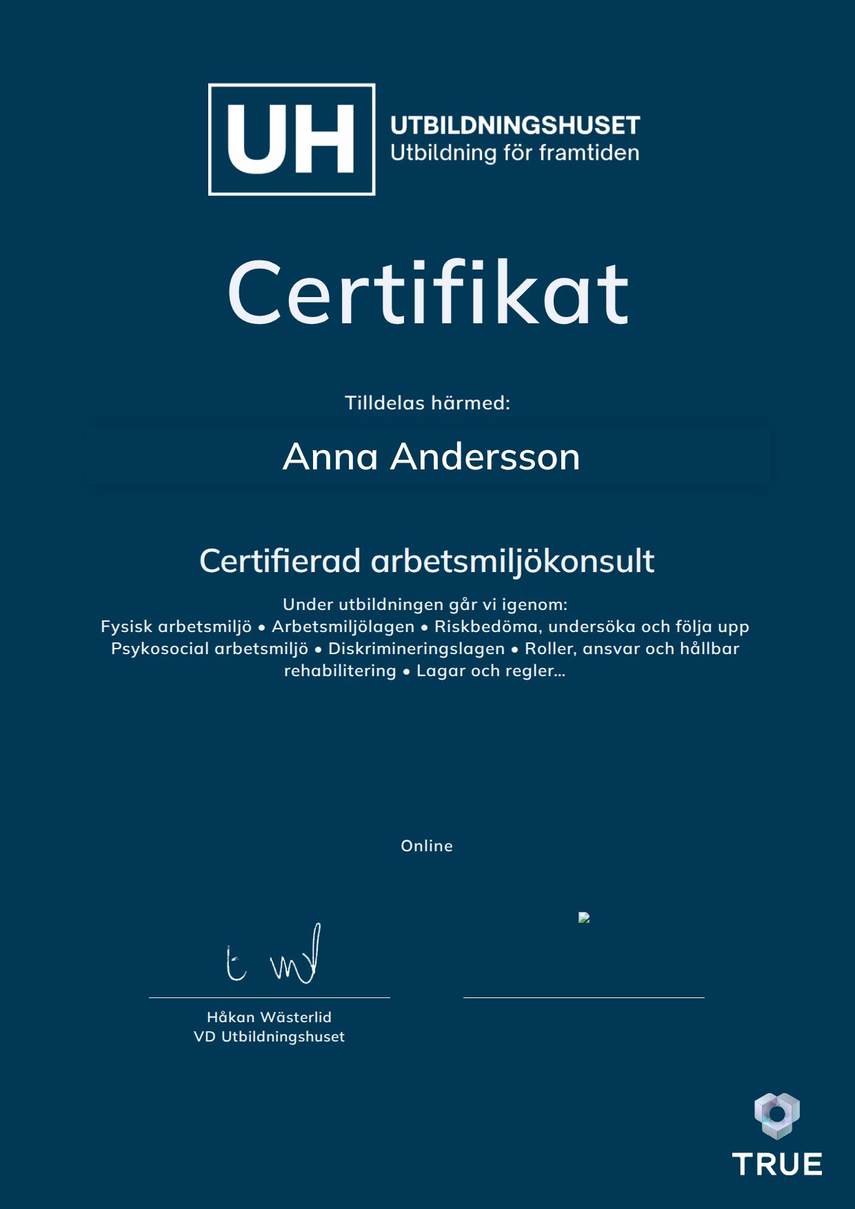 Exempel: diplom för Certifierad arbetsmiljökonsult från Education Online