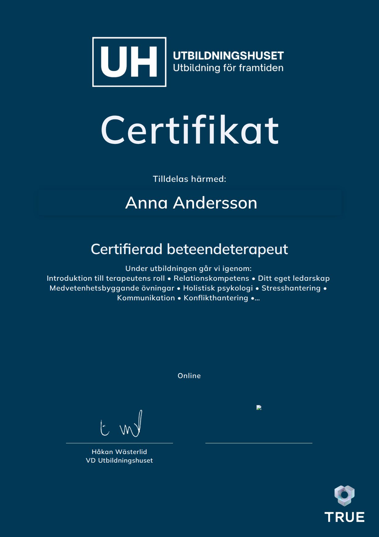 Exempel: diplom för Certifierad beteendeterapeut från Education Online