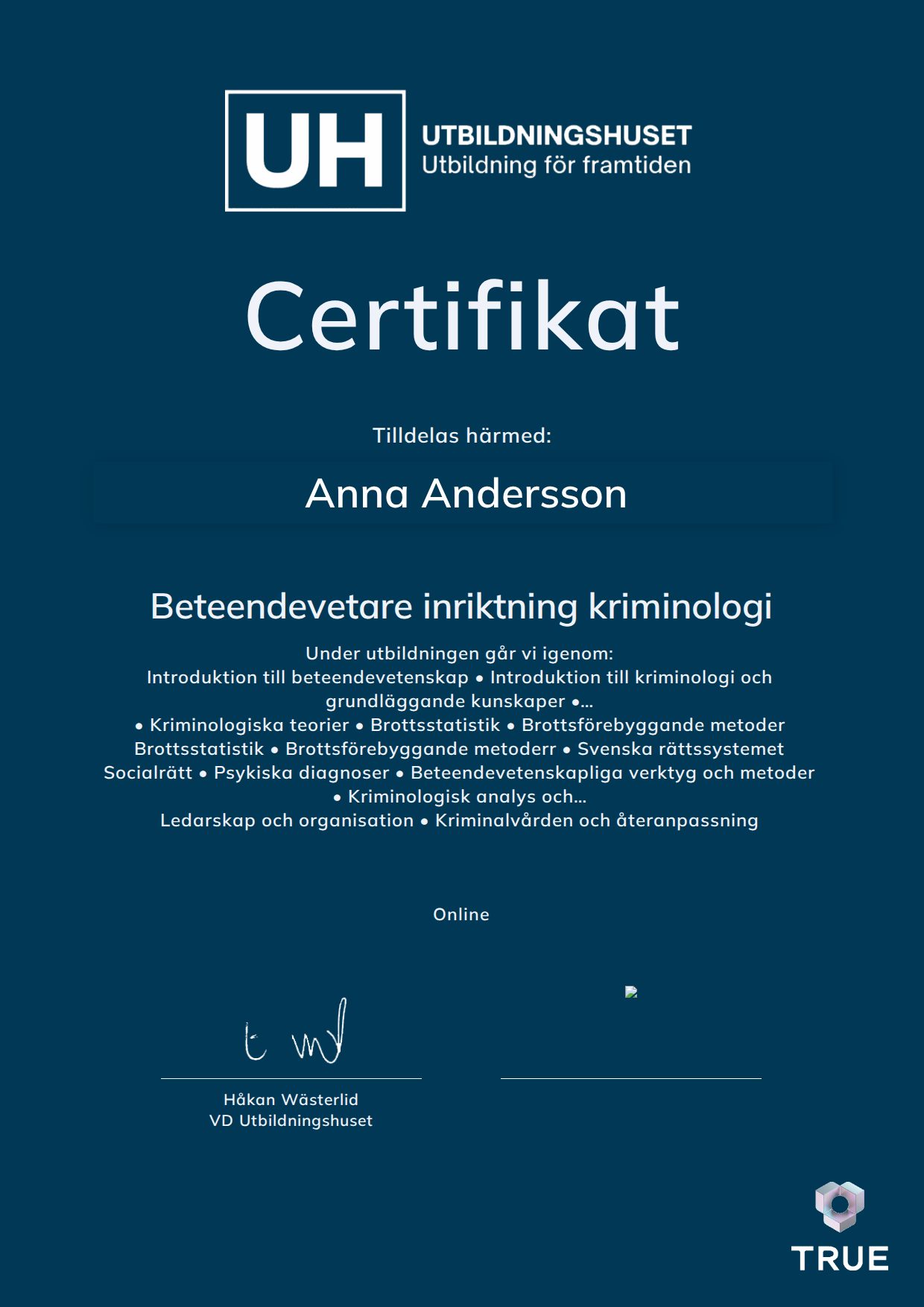 Example certificate for Beteendevetare inriktning kriminologi from Education Online