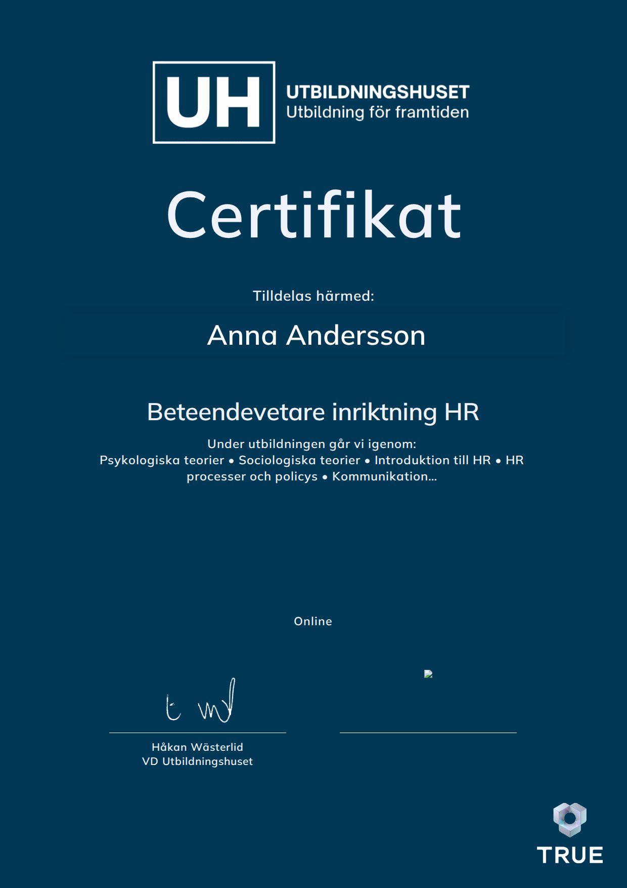 Example certificate for Beteendevetare inriktning HR from Education Online