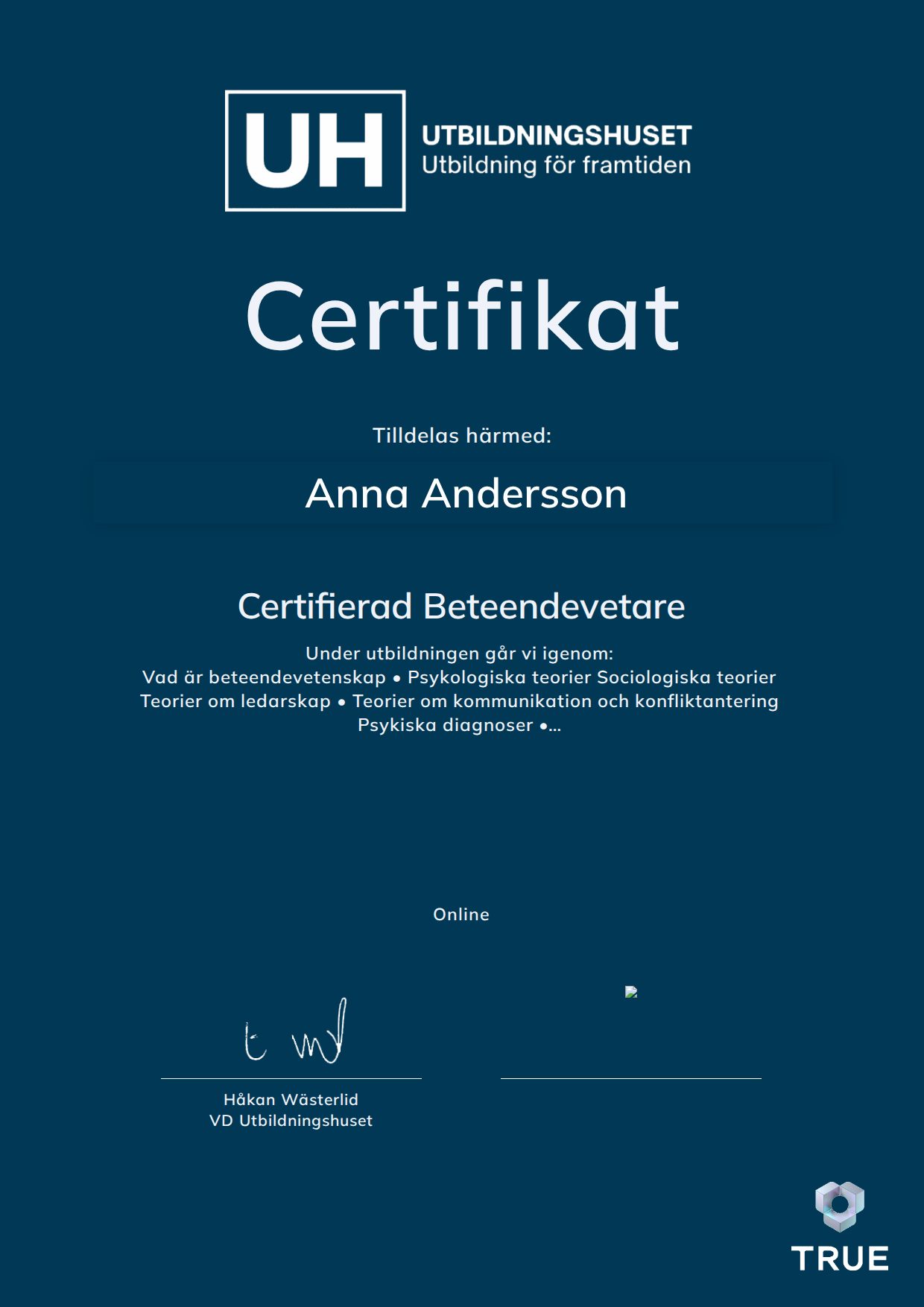 Exempel: diplom för Certifierad Beteendevetare från Education Online