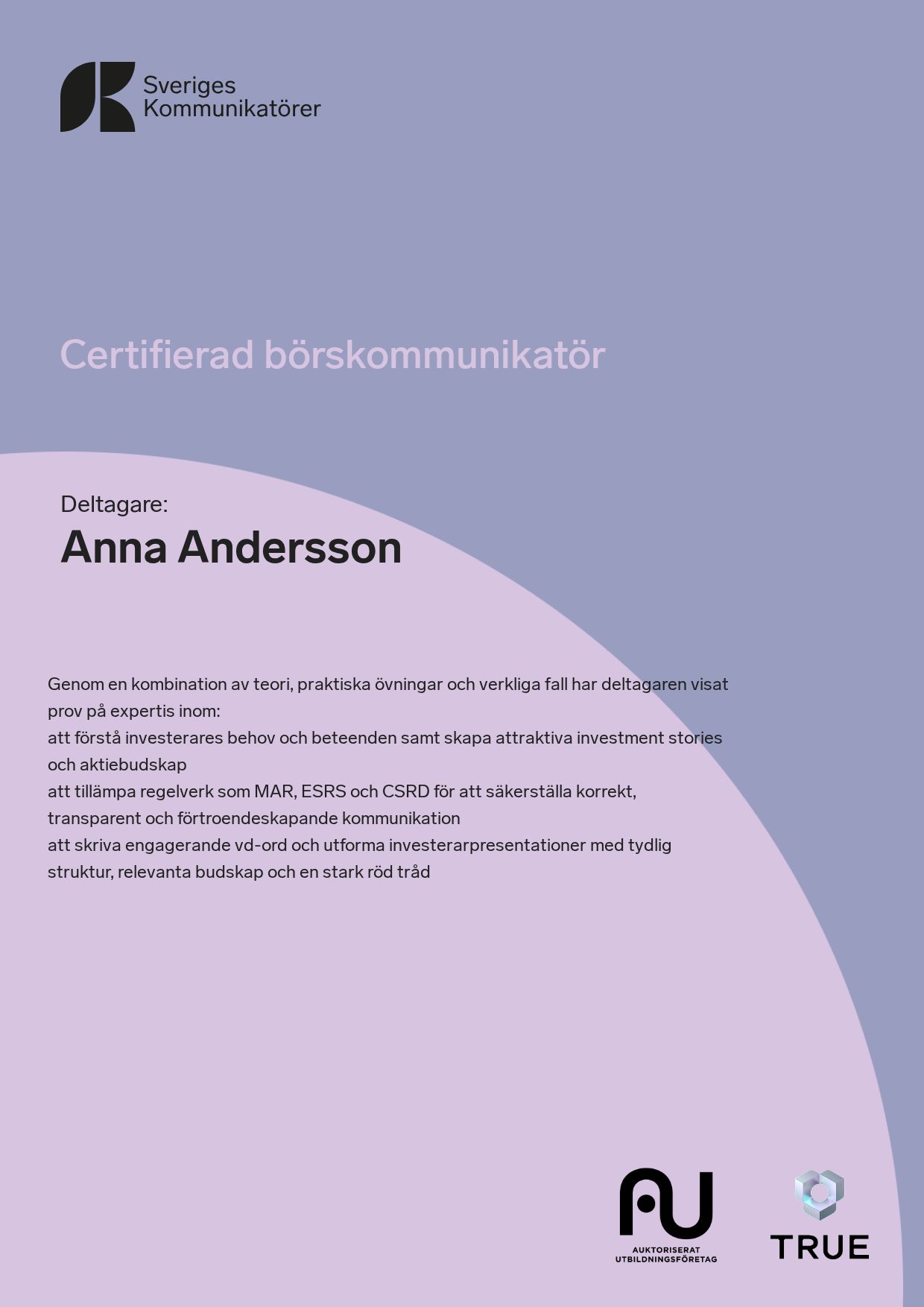 Exempel: diplom för Certifierad börskommunikatör från Sveriges Kommunikatörer