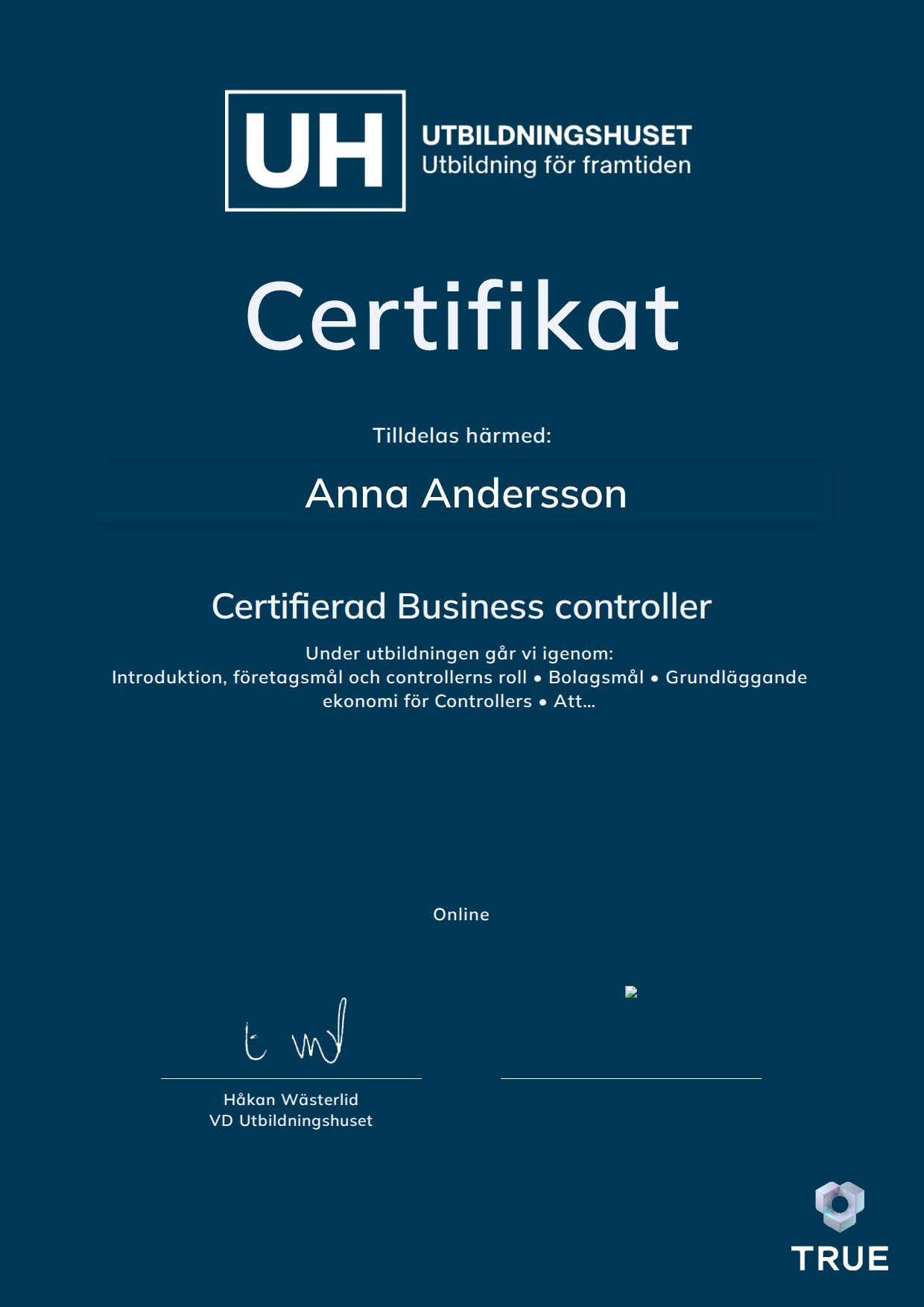 Exempel: diplom för Certifierad Business controller från Education Online