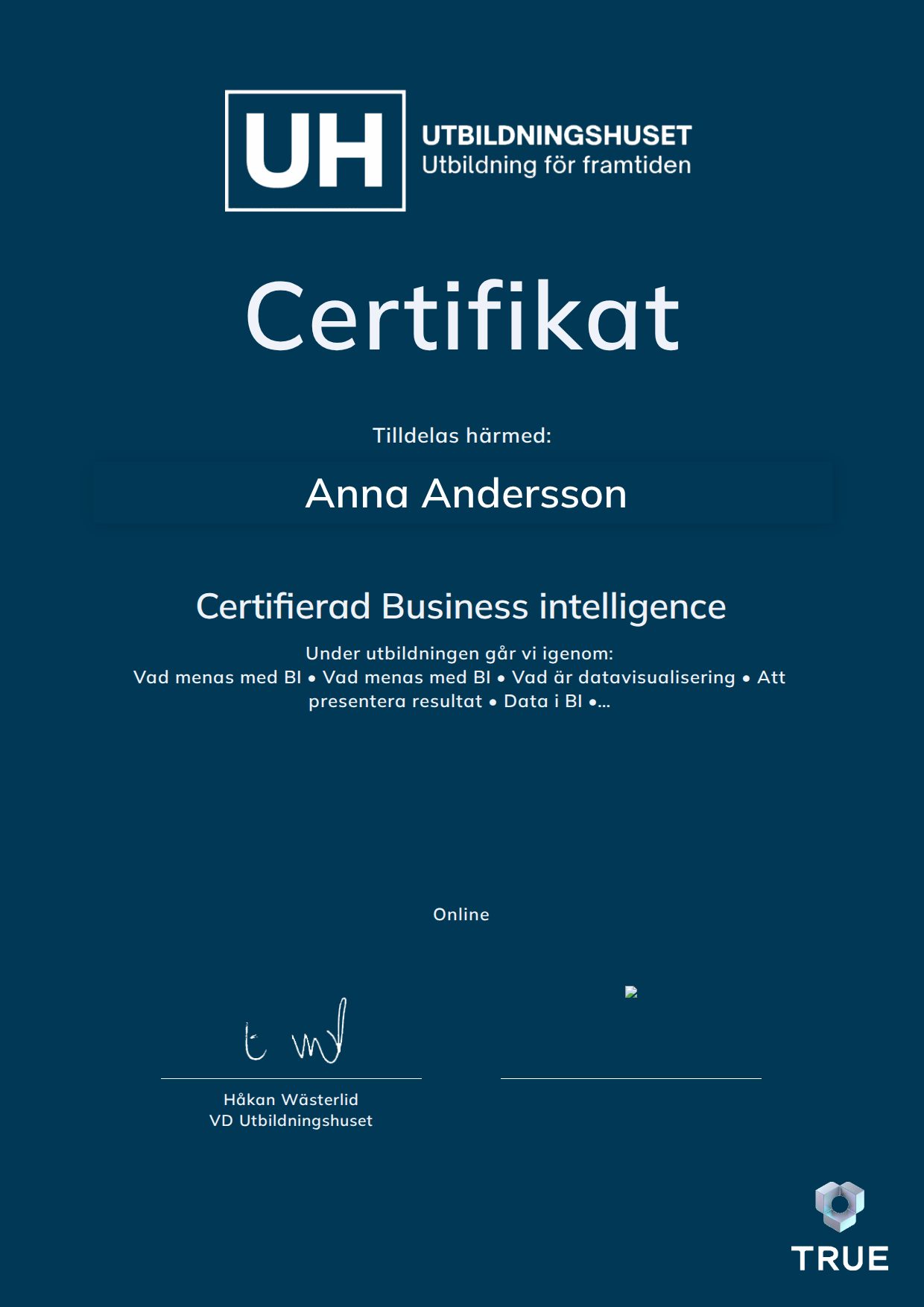 Exempel: diplom för Certifierad Business intelligence från Education Online