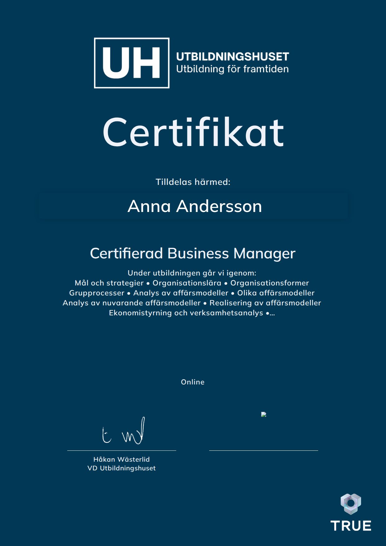 Exempel: diplom för Certifierad Business Manager från Education Online