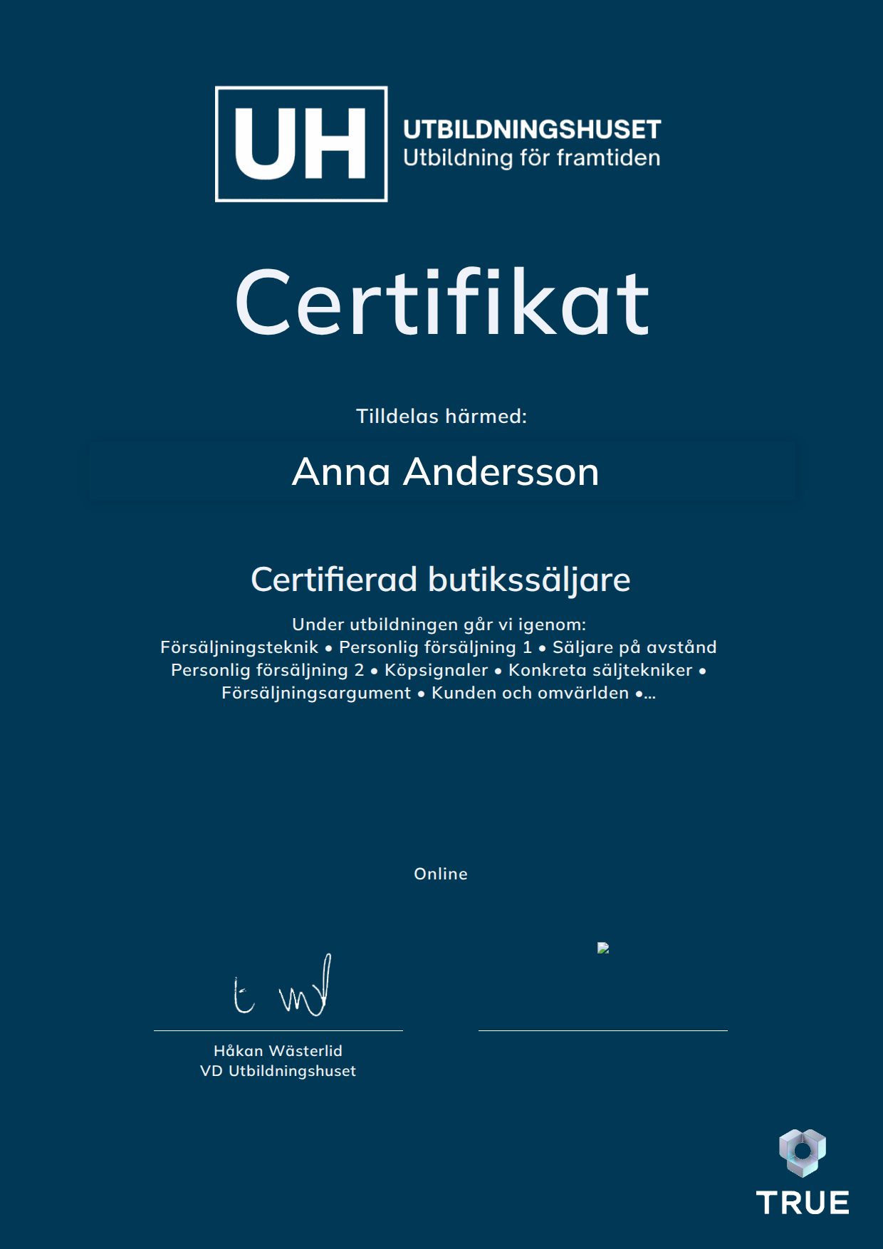Exempel: diplom för Certifierad butikssäljare från Education Online