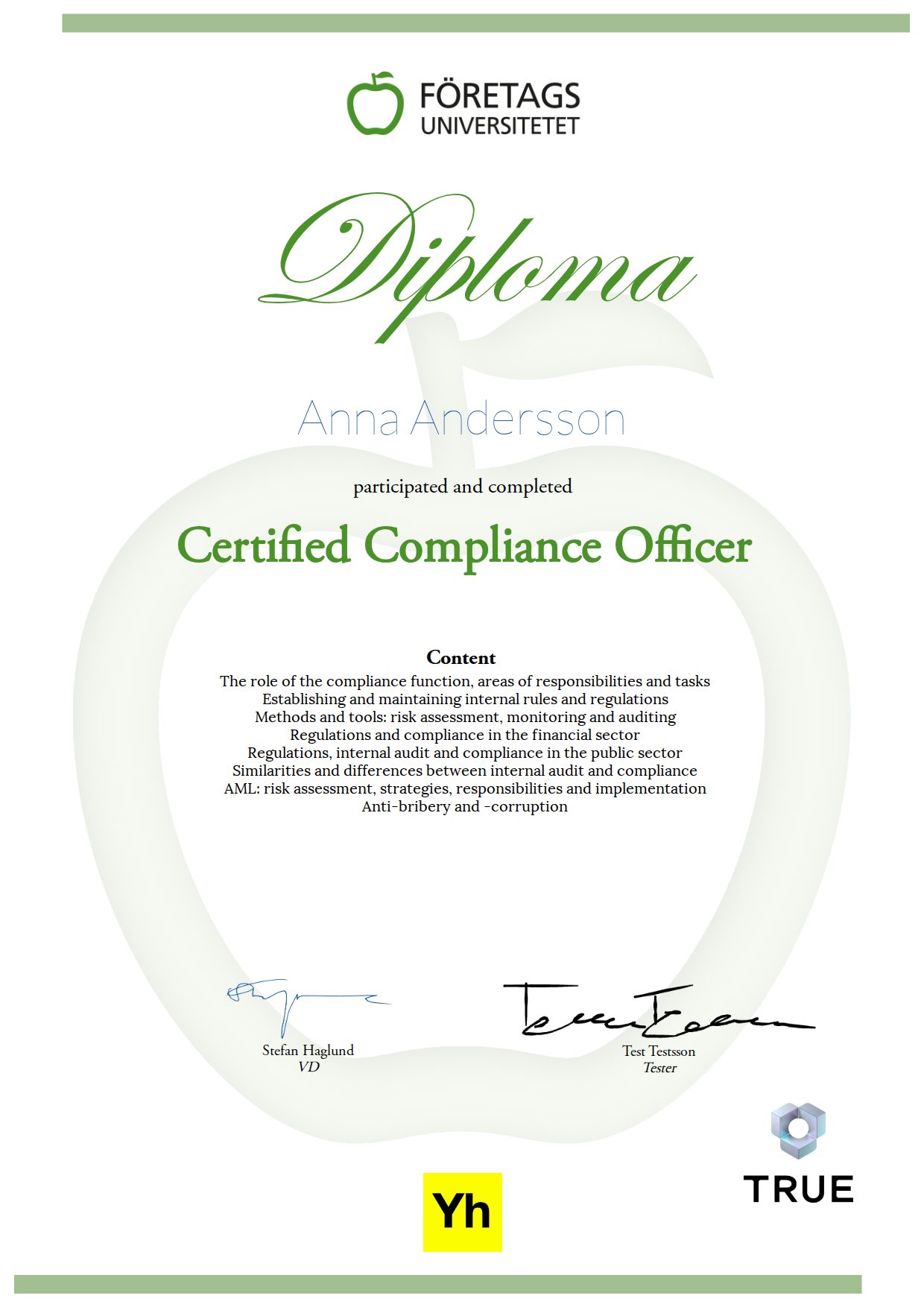 Exempel: diplom för Certified Compliance Officer från Företagsuniversitetet