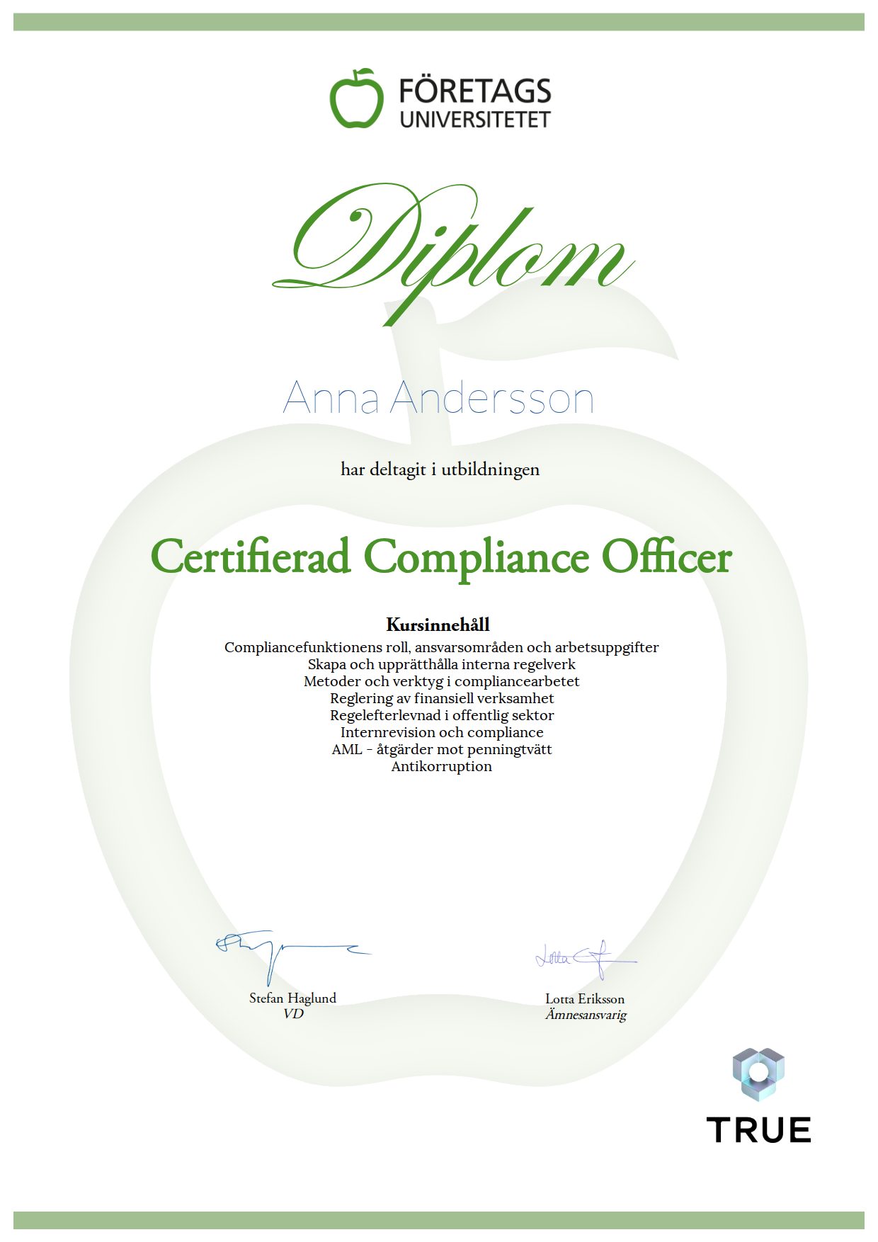 Exempel: diplom för Certifierad Compliance Officer från Företagsuniversitetet