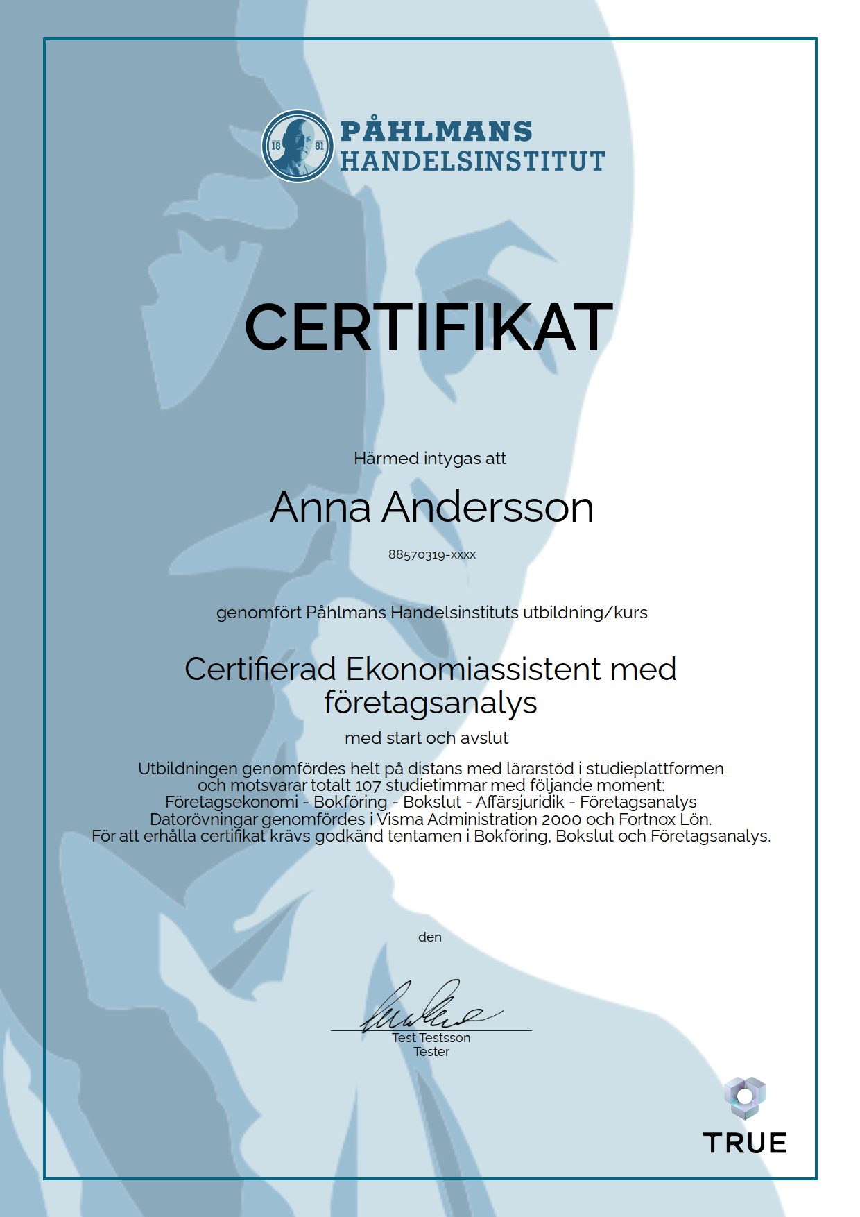 Exempel: diplom för Certifierad Ekonomiassistent med företagsanalys från Medborgarskolan- Påhlmans