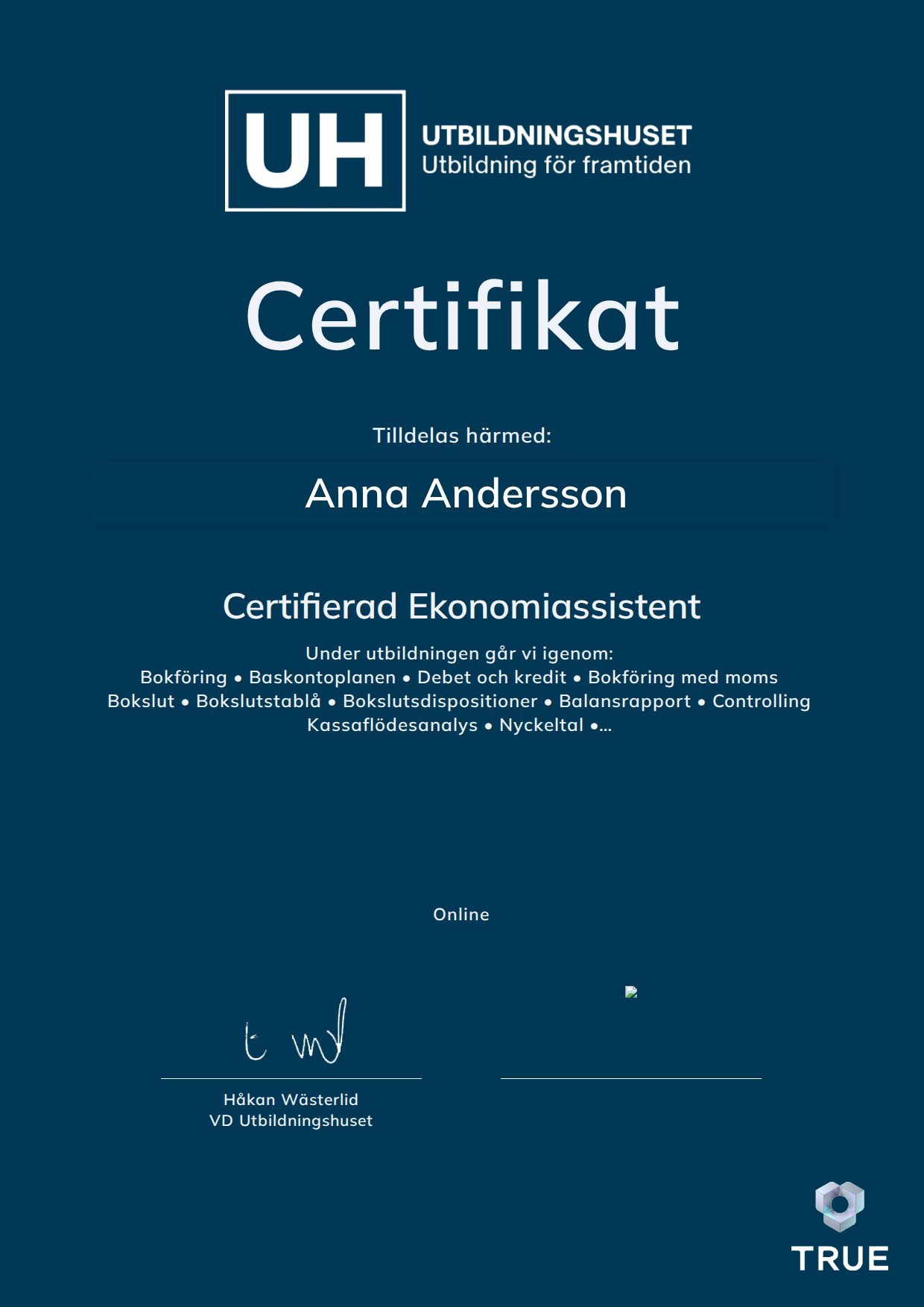 Example certificate for Certifierad Ekonomiassistent from Education Online