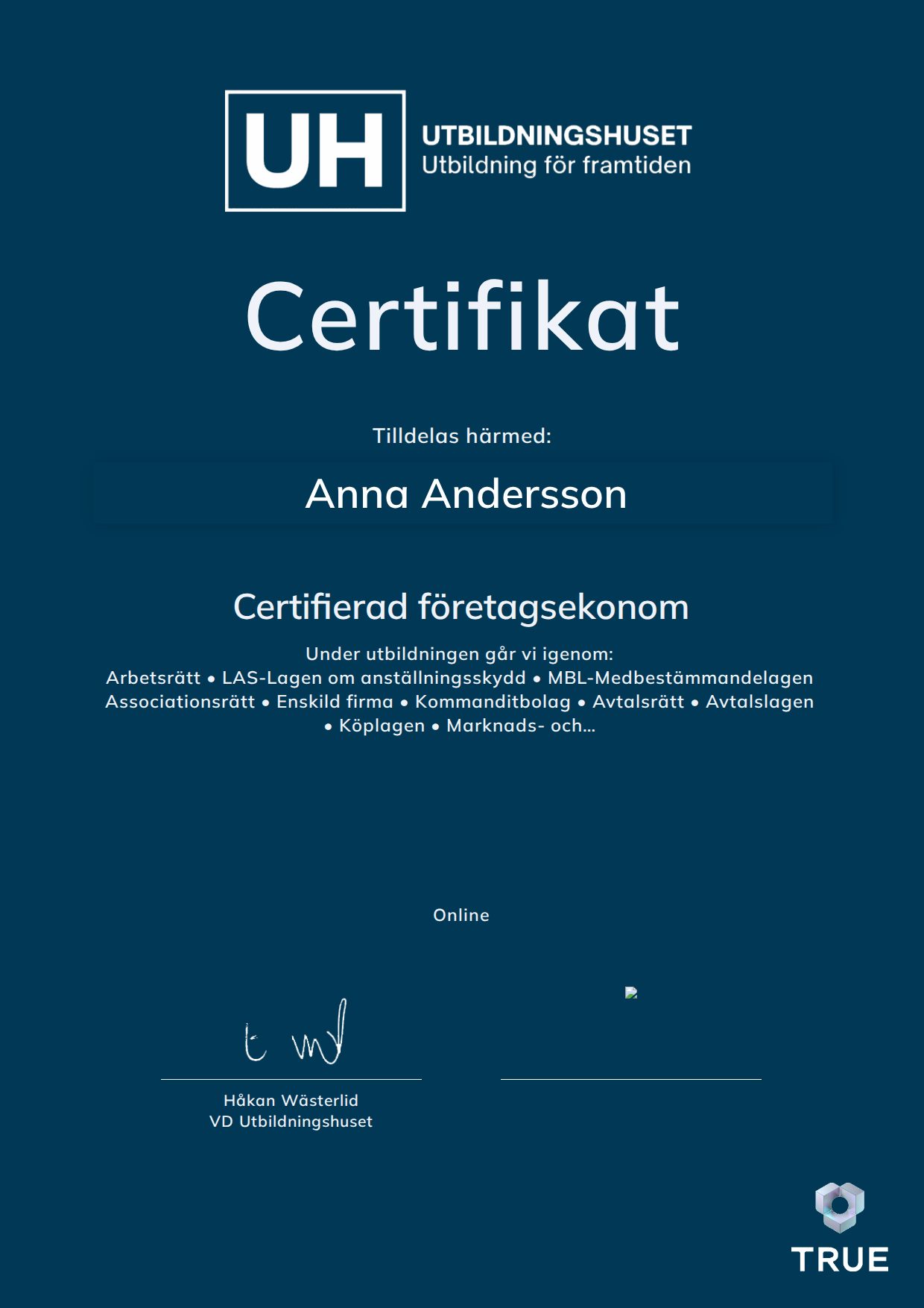 Example certificate for Certifierad företagsekonom from Education Online