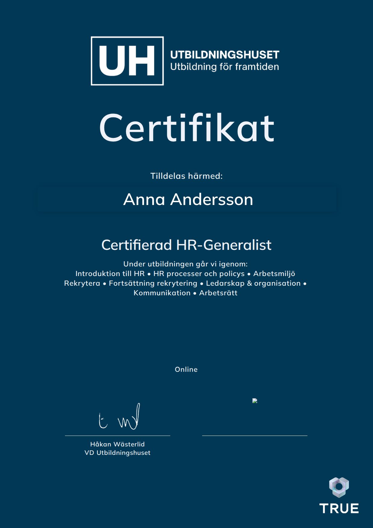 Exempel: diplom för Certifierad HR-Generalist från Education Online
