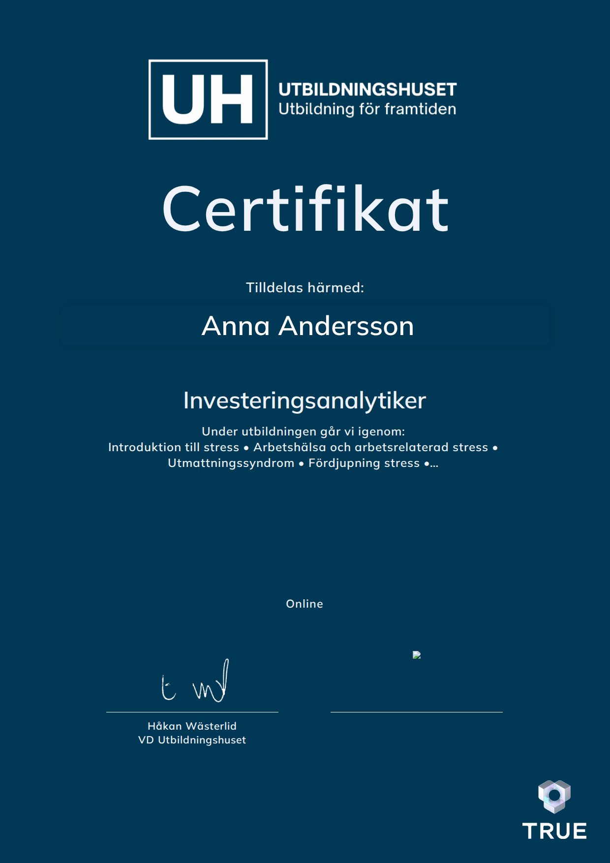 Example certificate for Investeringsanalytiker from Education Online