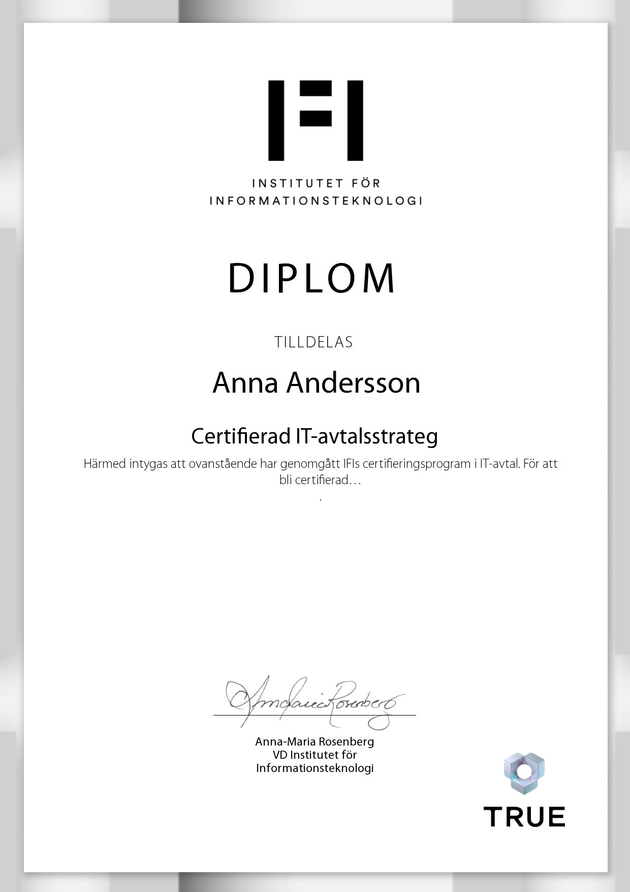 Exempel: diplom för Certifierad IT-avtalsstrateg från IFI AB