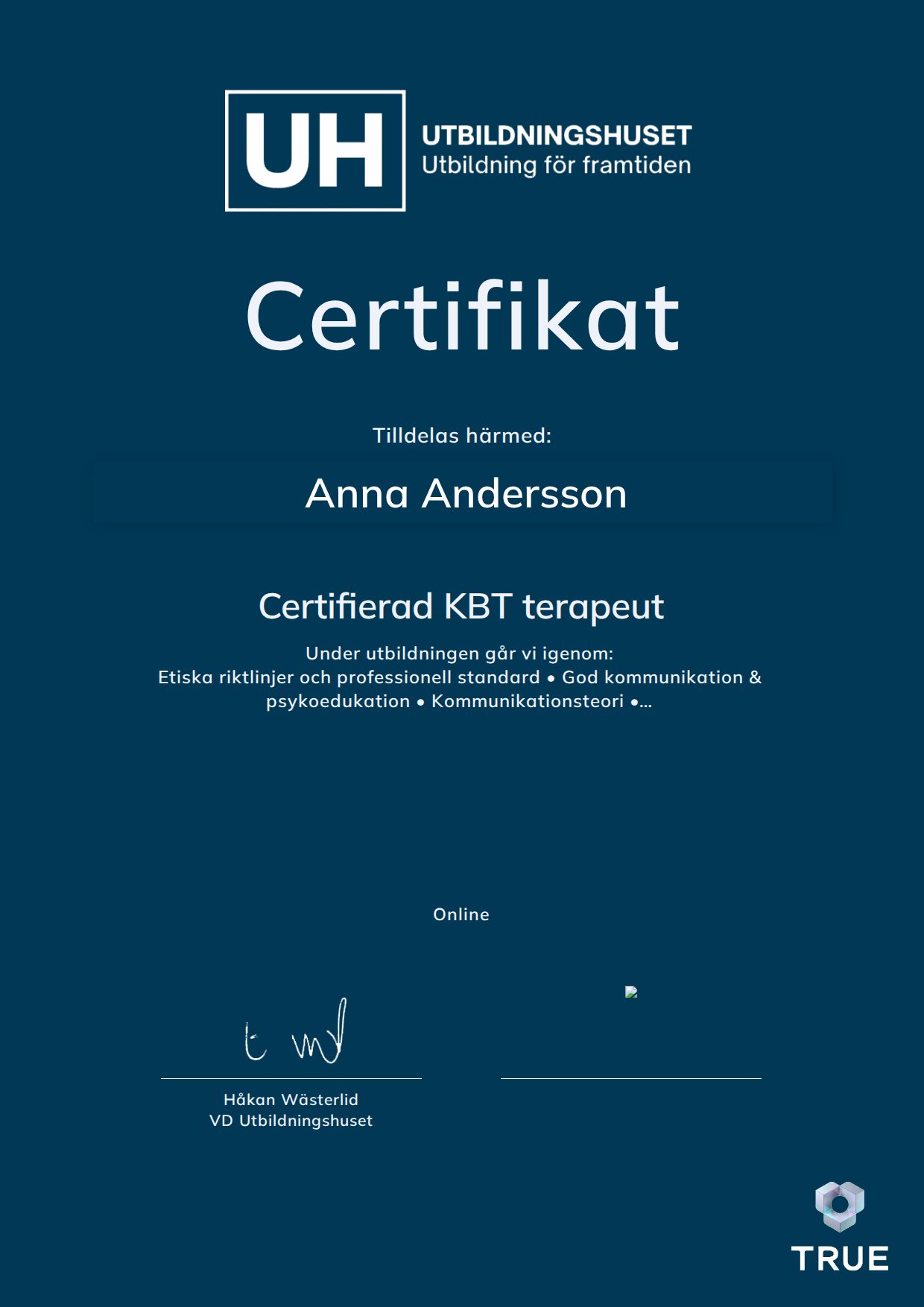 Exempel: diplom för Certifierad KBT terapeut från Education Online