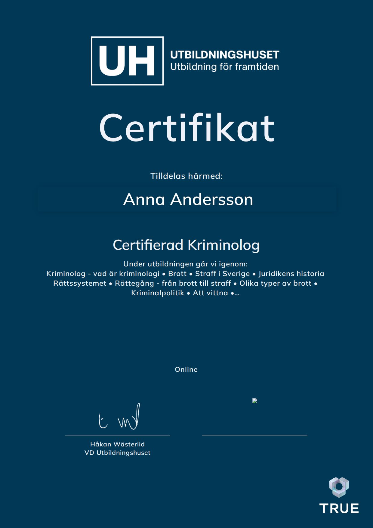 Example certificate for Certifierad Kriminolog from Education Online