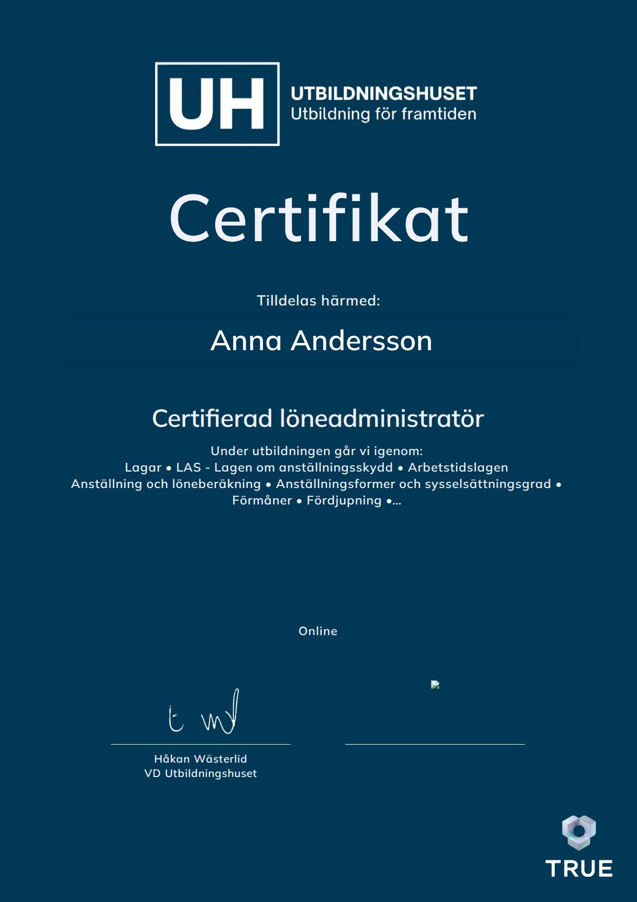 Exempel: diplom för Certifierad löneadministratör från Education Online