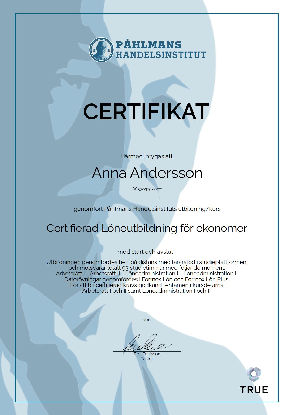Exempel: diplom för Certifierad Löneutbildning för ekonomer från Medborgarskolan- Påhlmans