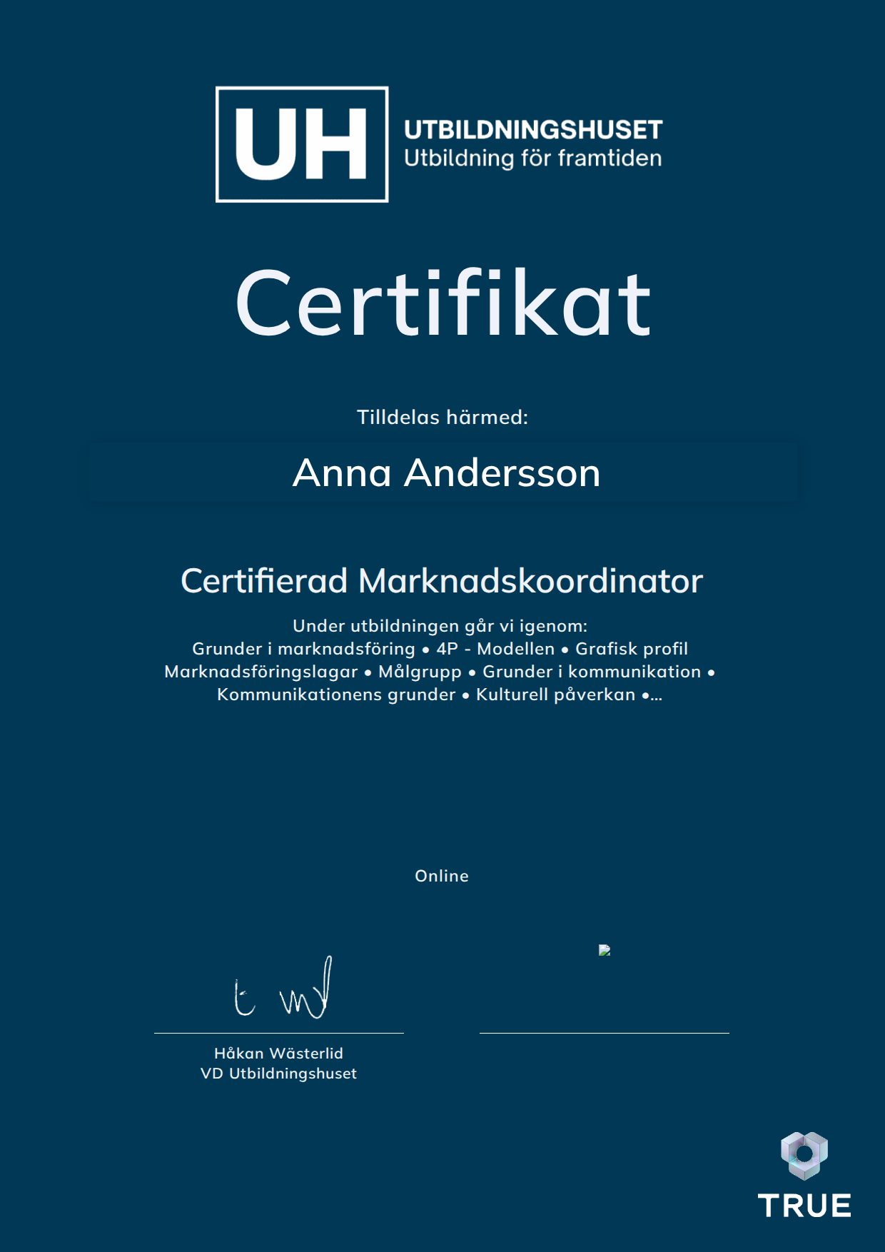 Exempel: diplom för Certifierad Marknadskoordinator från Education Online