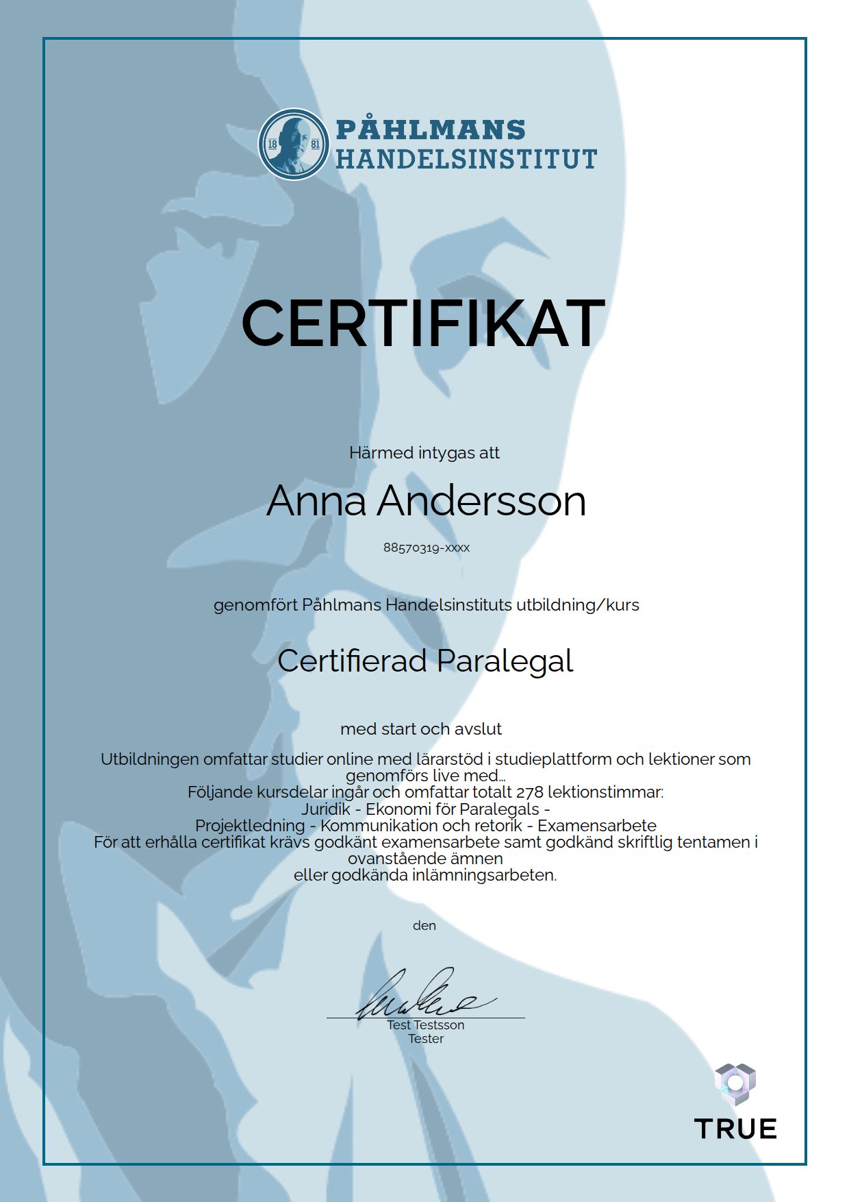 Exempel: diplom för Certifierad Paralegal från Medborgarskolan- Påhlmans