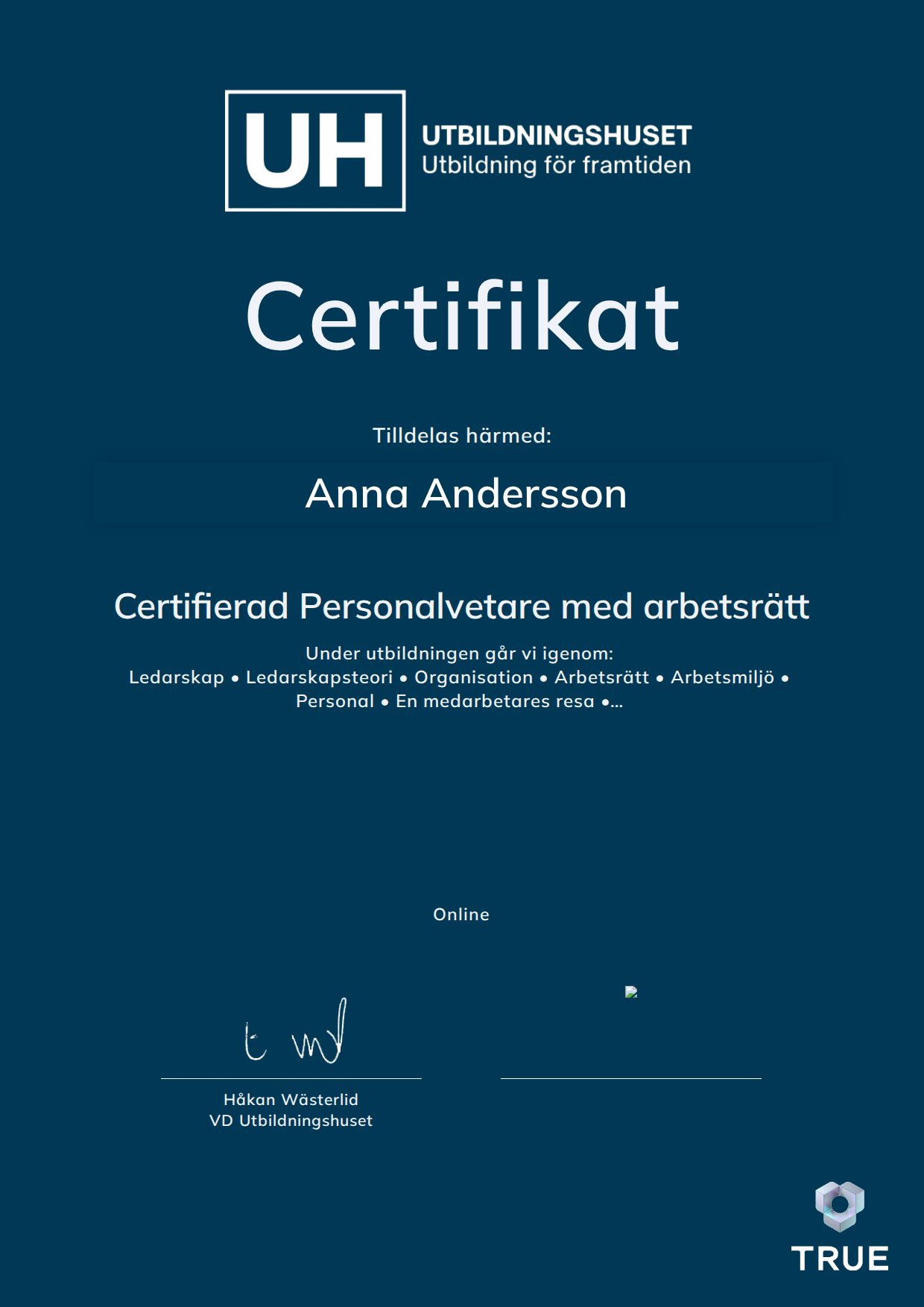 Example certificate for Certifierad Personalvetare med arbetsrätt from Education Online