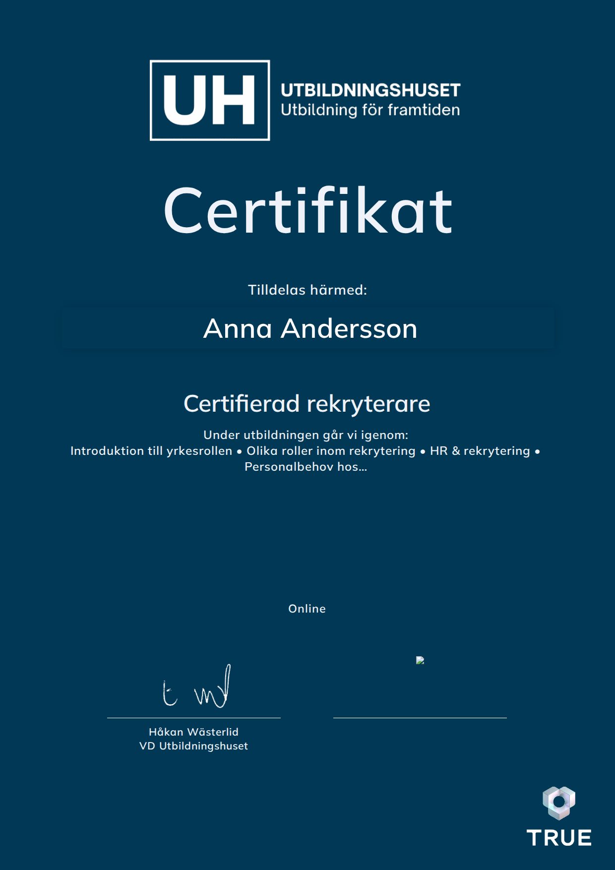 Exempel: diplom för Certifierad rekryterare från Education Online