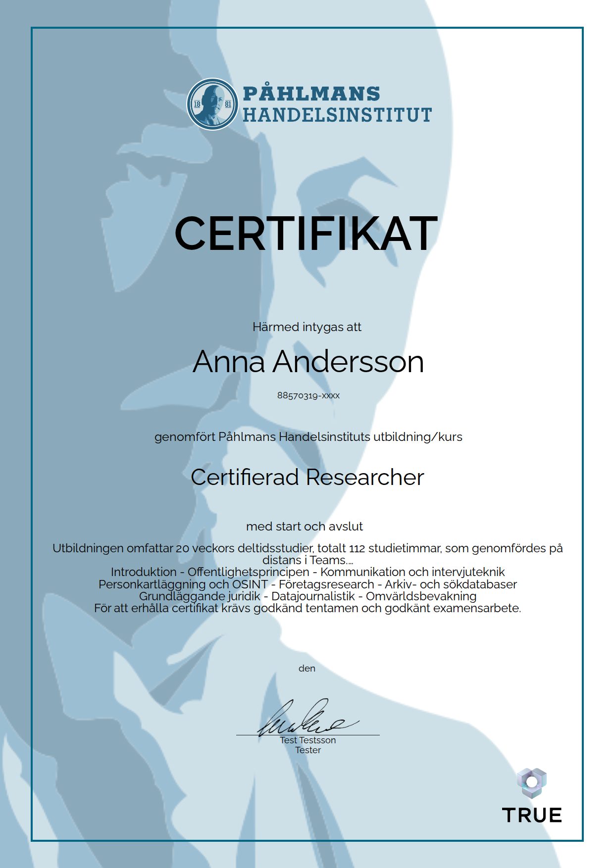 Exempel: diplom för Certifierad Researcher från Medborgarskolan- Påhlmans