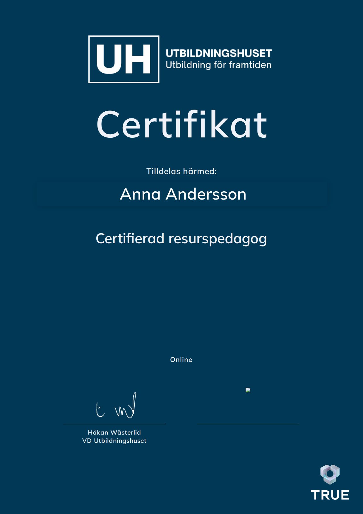 Exempel: diplom för Certifierad resurspedagog från Education Online