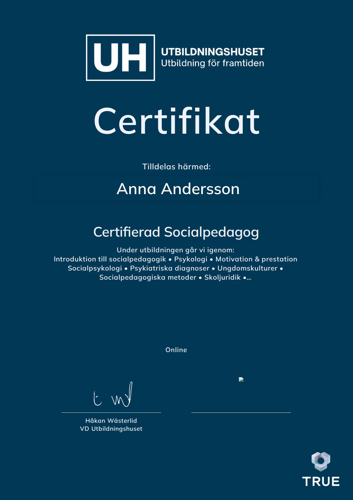 Example certificate for Certifierad Socialpedagog from Education Online