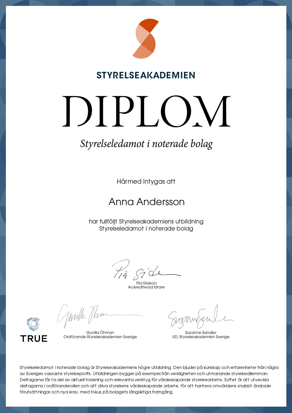 Exempel: diplom för Styrelseledamot i noterade bolag från Styrelseakademien