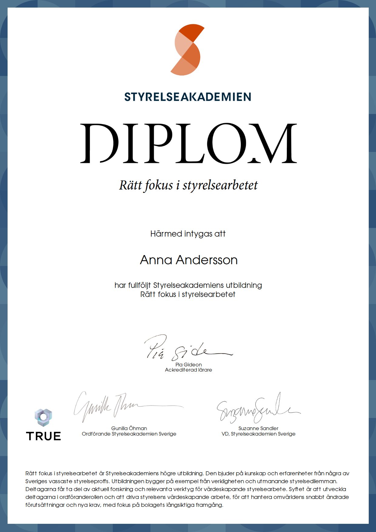 Example certificate for Rätt fokus i styrelsearbetet from Styrelseakademien