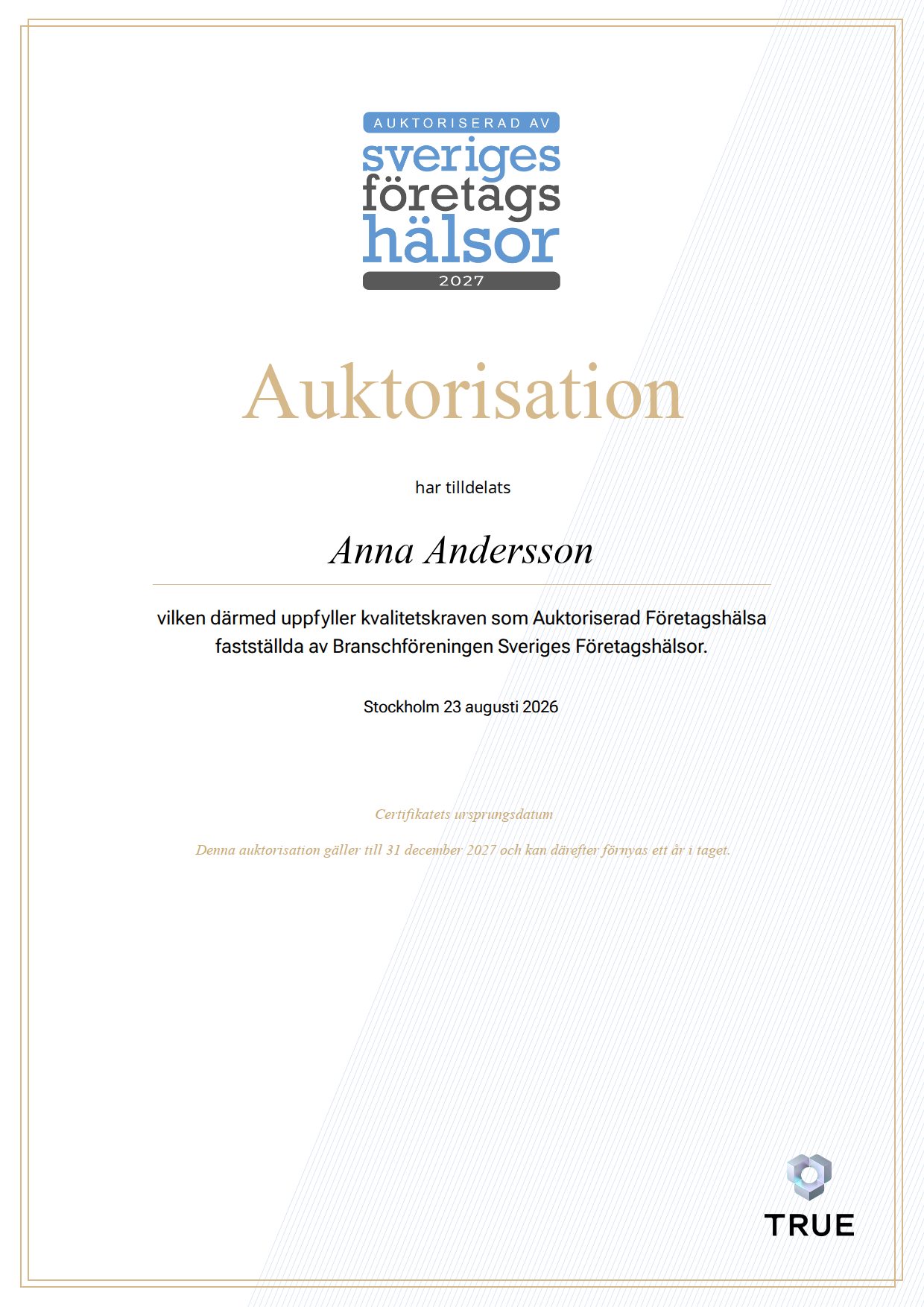 Exempel: diplom för Certifikat 2027 från Sveriges Företagshälsor