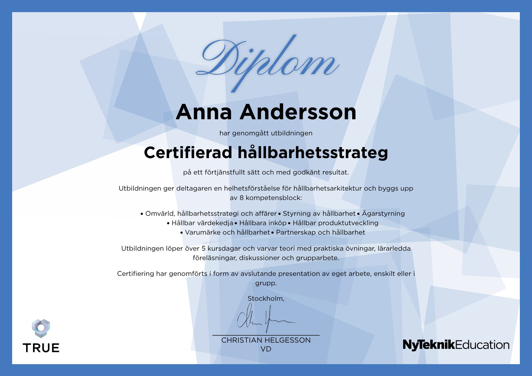 Exempel: diplom för Certified Systems Lifecycle Manager från Ny Teknik Education
