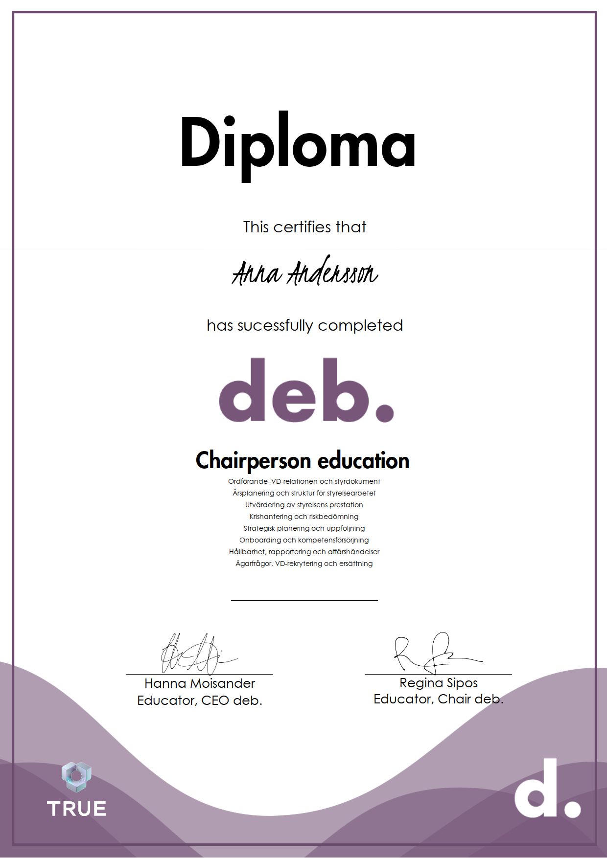 Exempel: diplom för Chairperson education från deb - diverse executive boards