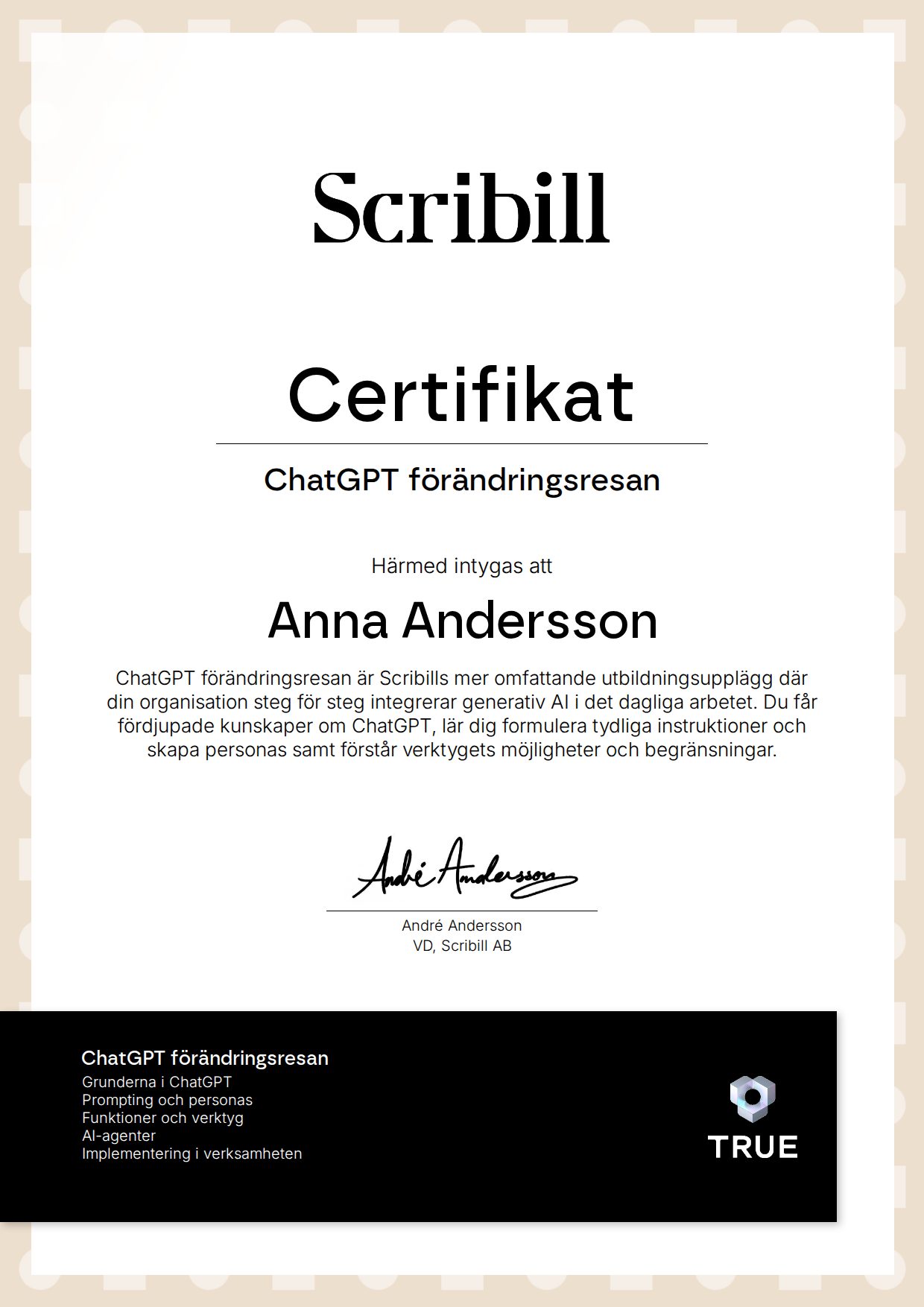 Example certificate for ChatGPT förändringsresan from Scribill AB i Malmö