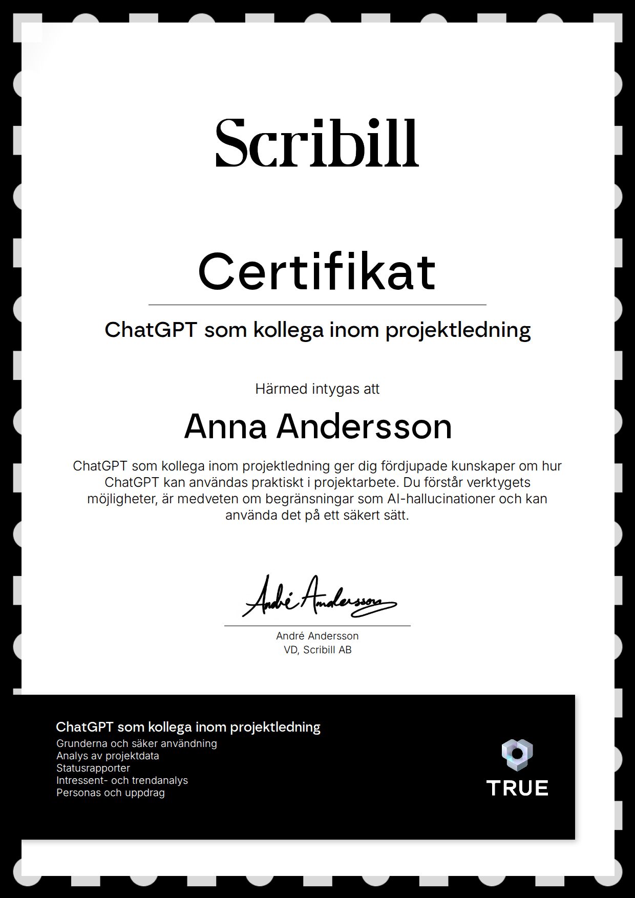 Example certificate for ChatGPT som kollega inom projektledning from Scribill AB i Malmö