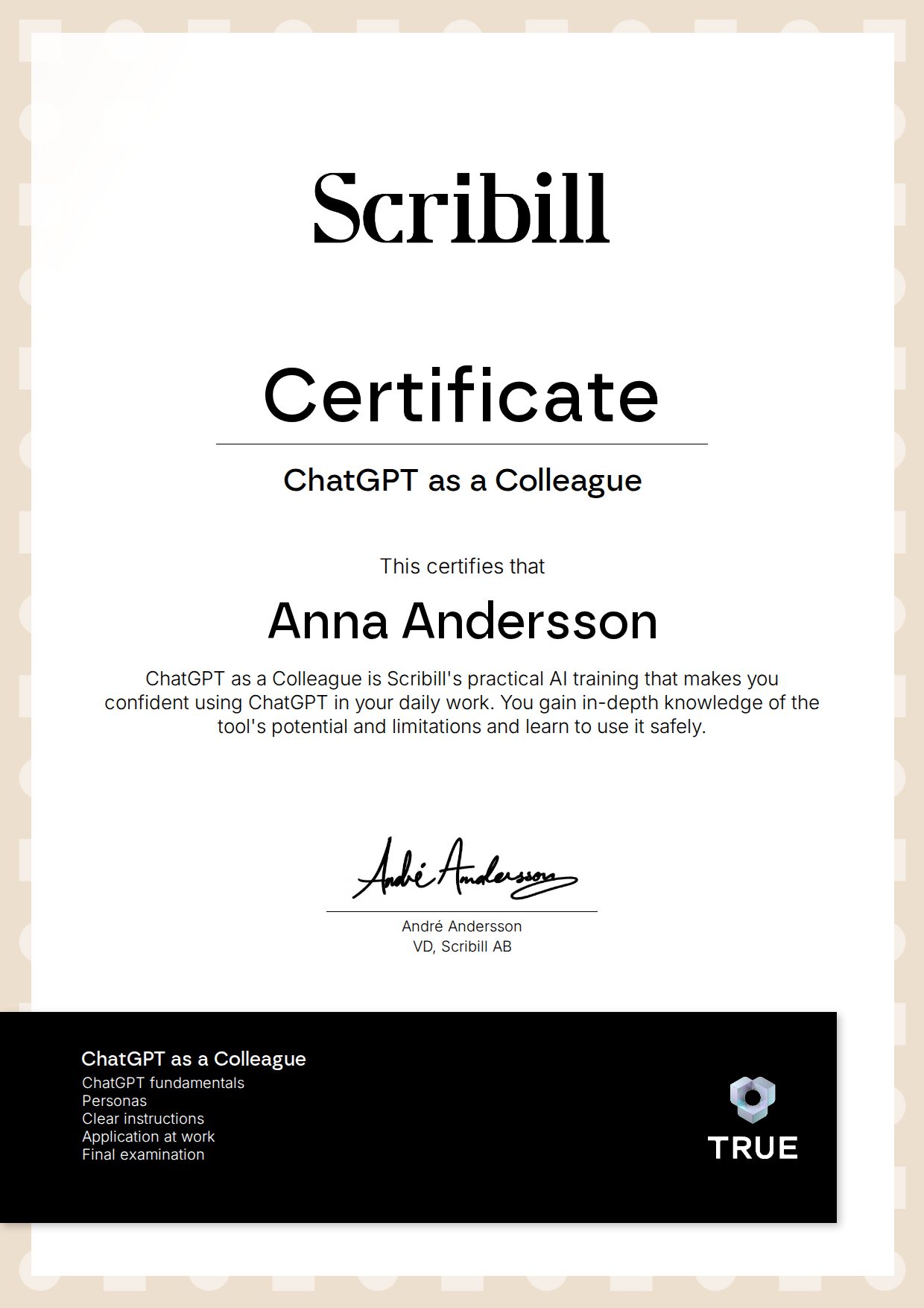 Example certificate for ChatGPT as a Colleague from Scribill AB i Malmö